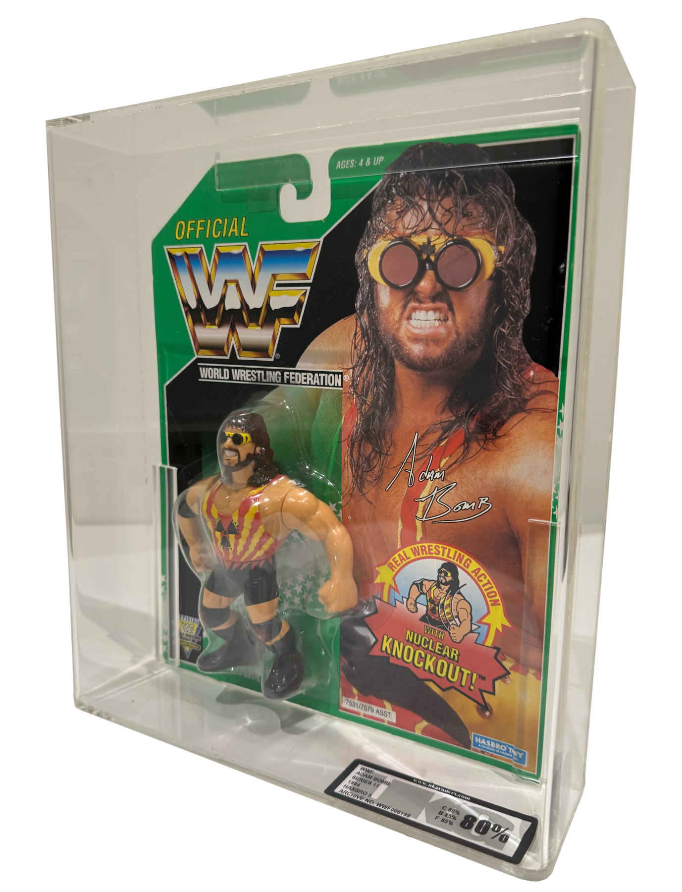 Adam Bomb WWF Hasbro Series 11 action figure – rare collectible from the iconic 1994 wrestling toy line, featuring vibrant colors and original packaging. Perfect for vintage wrestling figure collectors.