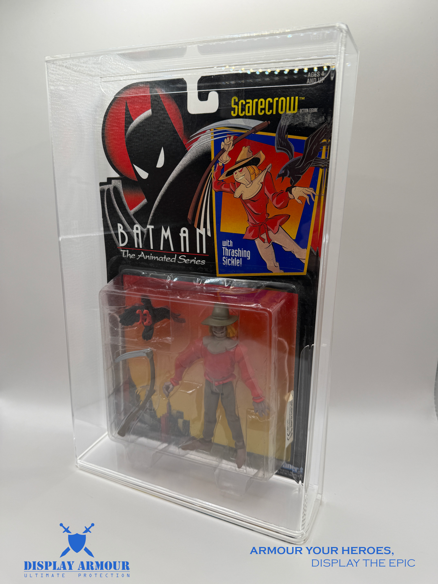 Side view of the Batman Kenner display case by Display Armour, highlighting its sleek design, 4mm thick acrylic, and UV protection, perfect for preserving and displaying your Batman Kenner figures.