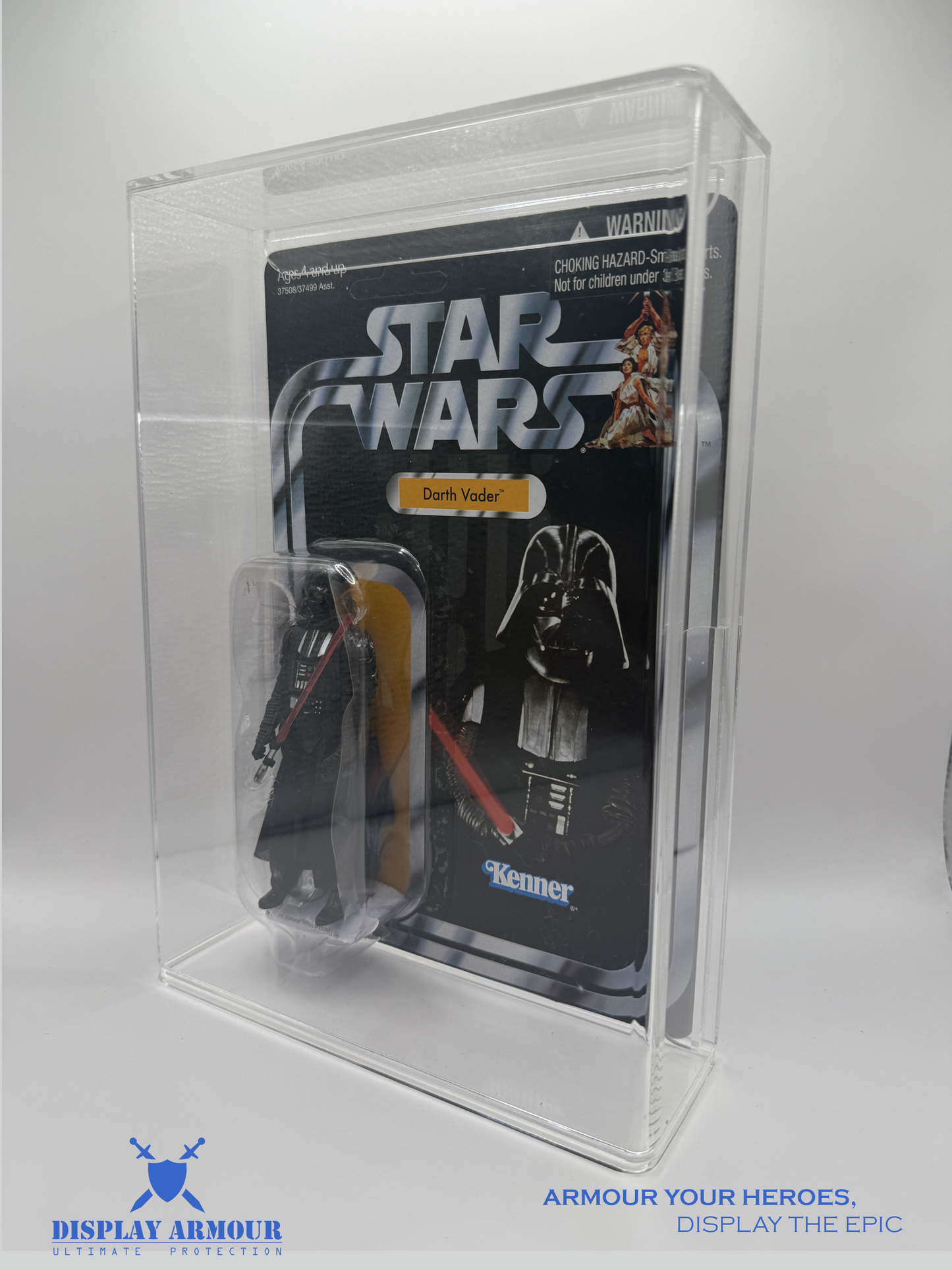 Side profile of Darth Vader TVC Mint on Card figure inside a 4mm thick Display Armour acrylic case, highlighting the depth and protection of the case for Hasbro Vintage Collection figures.