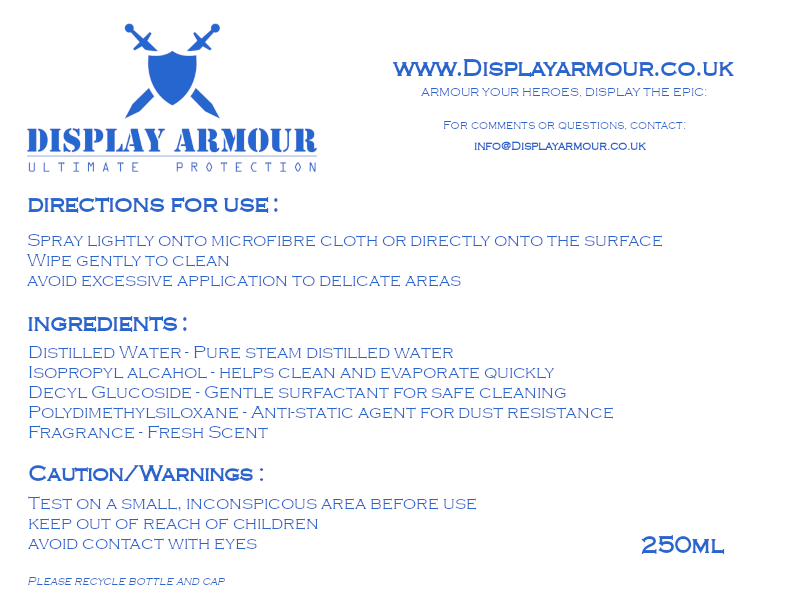 ArmourClean back label, featuring instructions, ingredients, and key details. Proudly made by Display Armour for the highest-quality display case care.