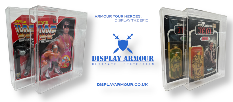Display Armour branding banner featuring the slogan "Armour Your Heroes. Display the Epic." with premium acrylic display cases shown for Star Wars and WWF Hasbro action figures.
