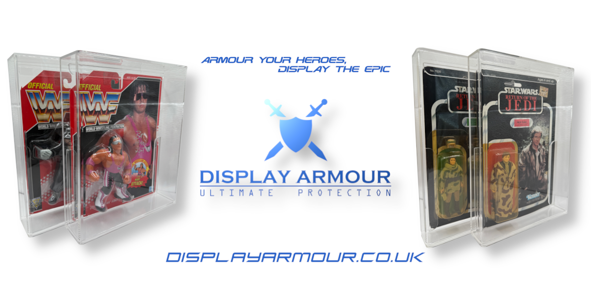 Display Armour branding banner featuring the slogan "Armour Your Heroes. Display the Epic." with premium acrylic display cases shown for Star Wars and WWF Hasbro action figures.