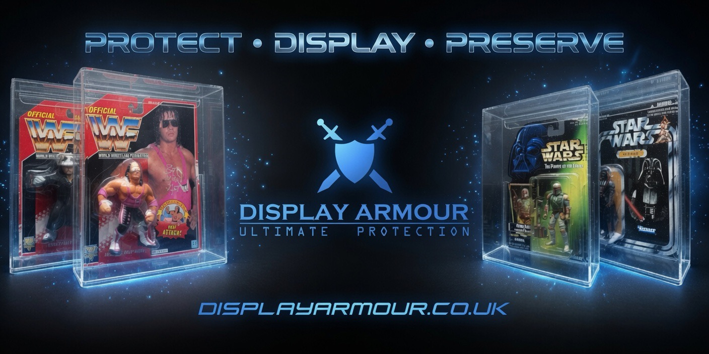 Promotional graphic for Display Armour, showing two clear display cases with collectible action figures on a dark blue background with the text 'PROTECT • DISPLAY • PRESERVE' and 'DISPLAY ARMOUR ULTIMATE PROTECTION'.