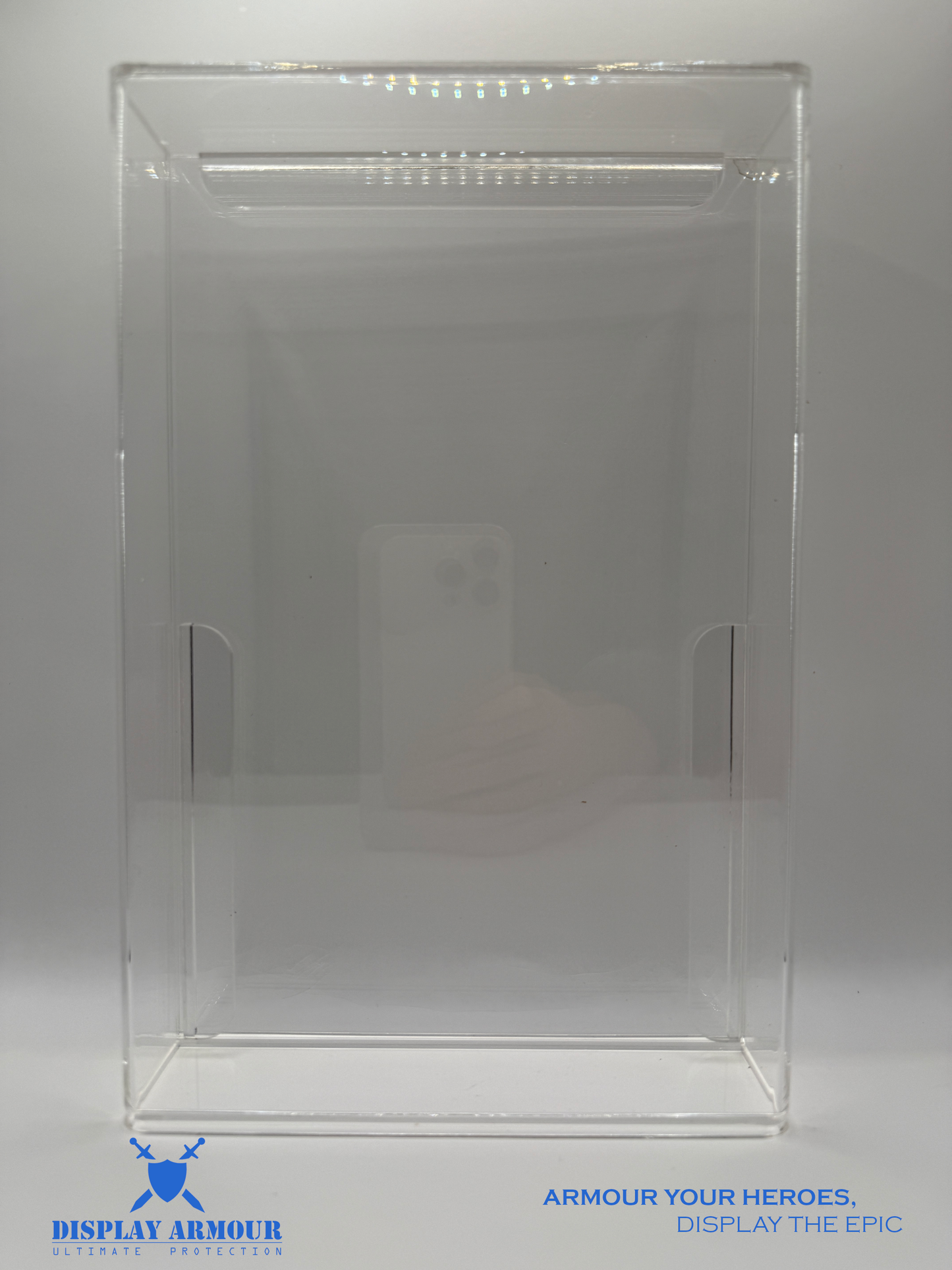 Empty front view of the GI Joe Tall Euro Cards display case by Display Armour, showcasing its spacious interior and sliding door feature for easy access to display your action figures