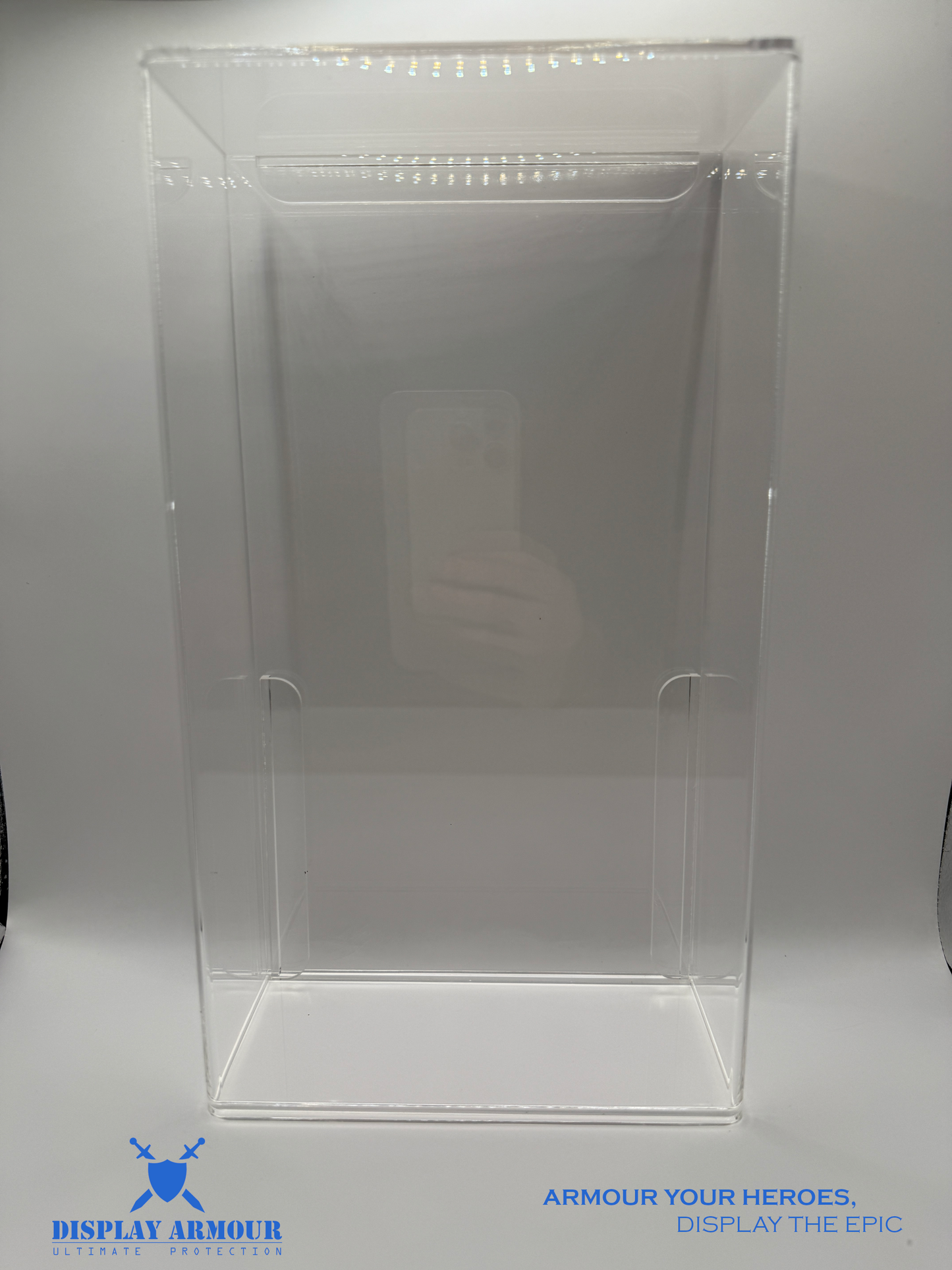 Empty front view of the MOTU (Masters of the Universe) display case by Display Armour, highlighting the premium, crystal-clear acrylic with a sliding door design for easy access and showcasing of MOTU action figures