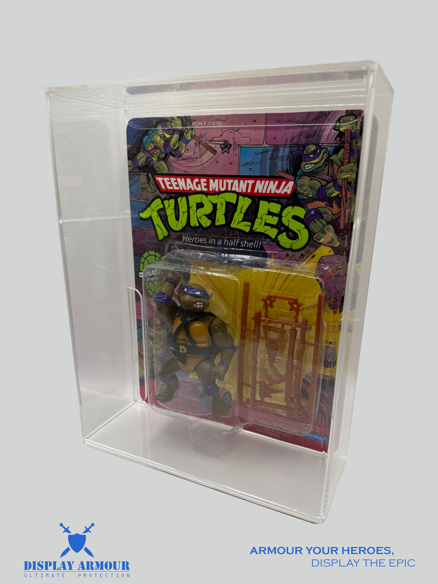 Side view of the Playmates TMNT action figure display case, offering crystal-clear visibility and protection for your Teenage Mutant Ninja Turtles collectibles.