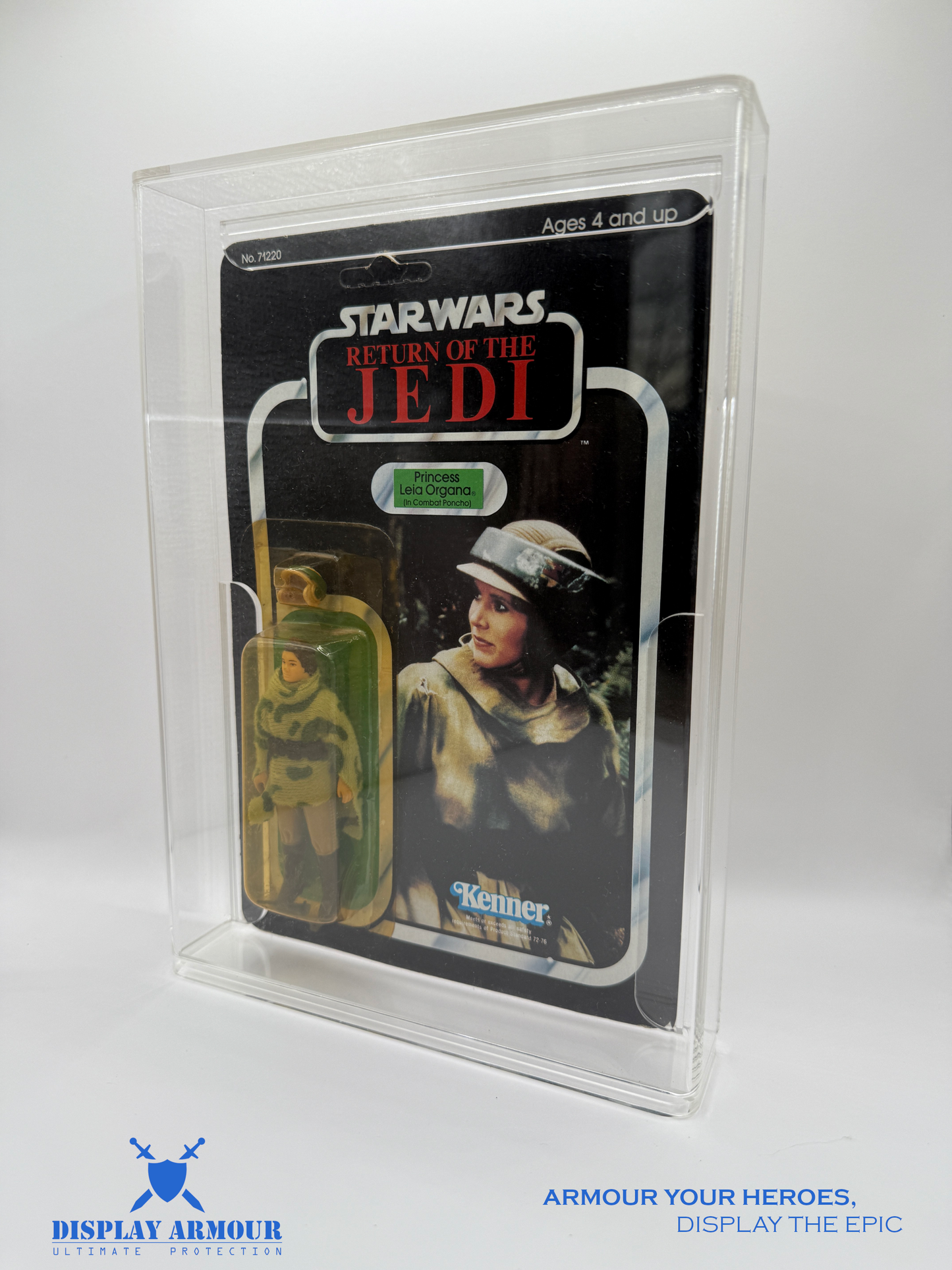 Side view of Princess Leia action figure in a Display Armour case, highlighting the figure’s details and the case’s protective features.