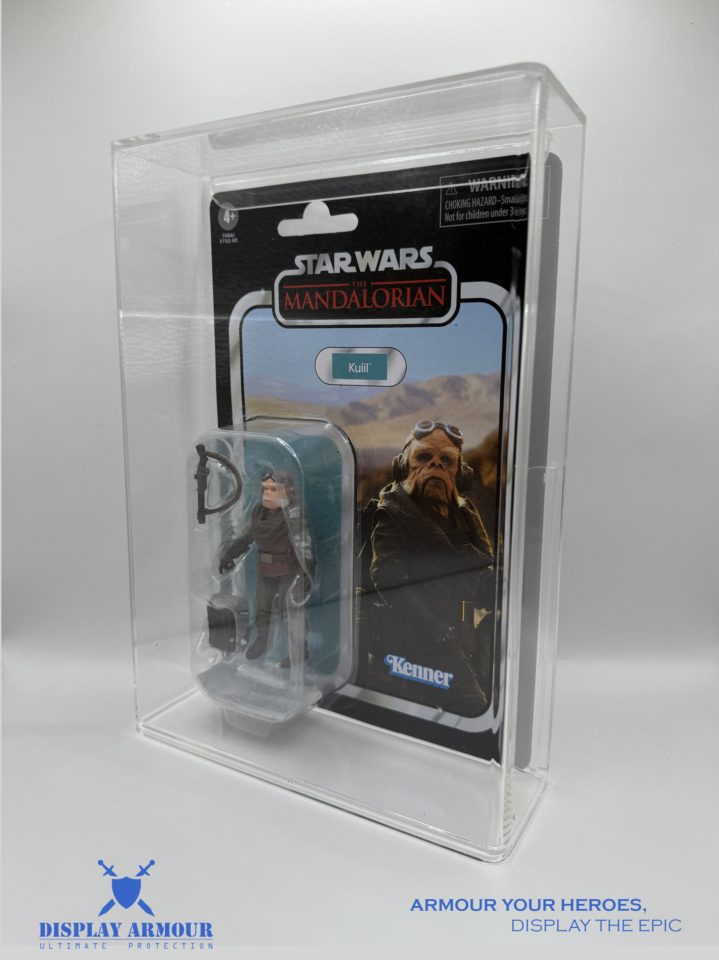 Side angle shot showing the Star Wars Mandalorian Retro Collection figure inside a premium Display Armour acrylic display case, highlighting the thickness and clarity of the protective casing.
