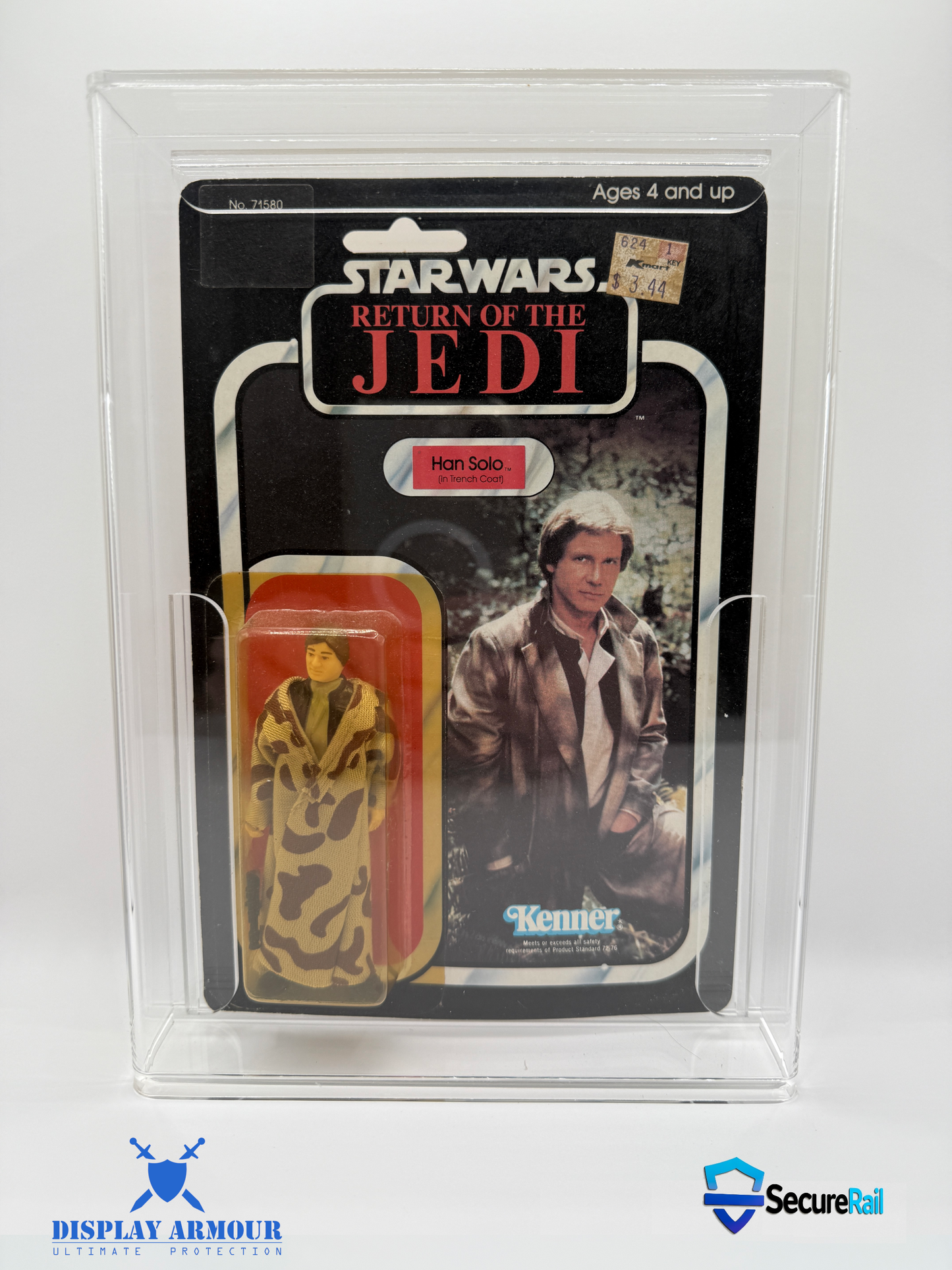 Star Wars Return of the Jedi Han Solo Kenner action figure displayed in a Display Armour acrylic case featuring the SecureRail support and locking system for premium card protection and clarity.