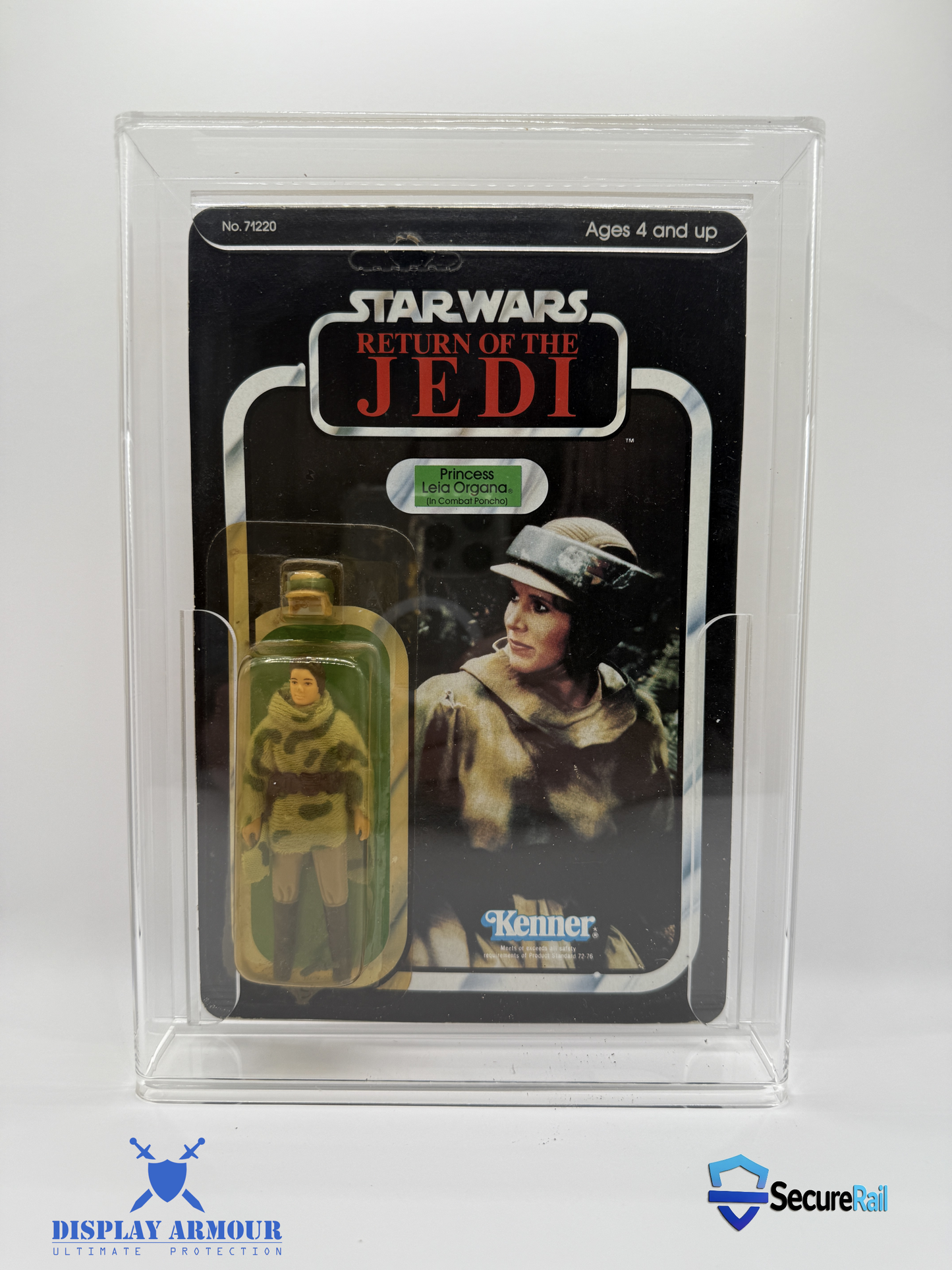 Star Wars Return of the Jedi Princess Leia Organa Kenner action figure displayed in a Display Armour acrylic case featuring the SecureRail support and locking system for secure, warp-free protection and display clarity.