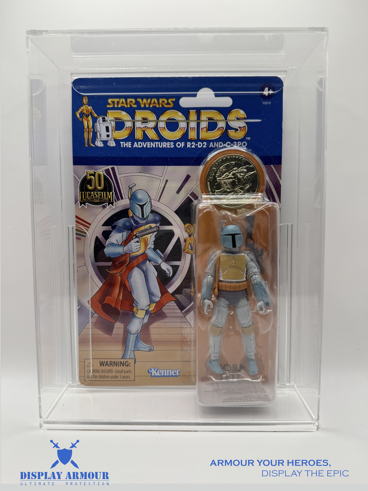 Front view of Display Armour's premium acrylic display case designed for vintage Star Wars Droids figures. Features 4mm UV-protected acrylic and a snug MOC fit for long-term protection.