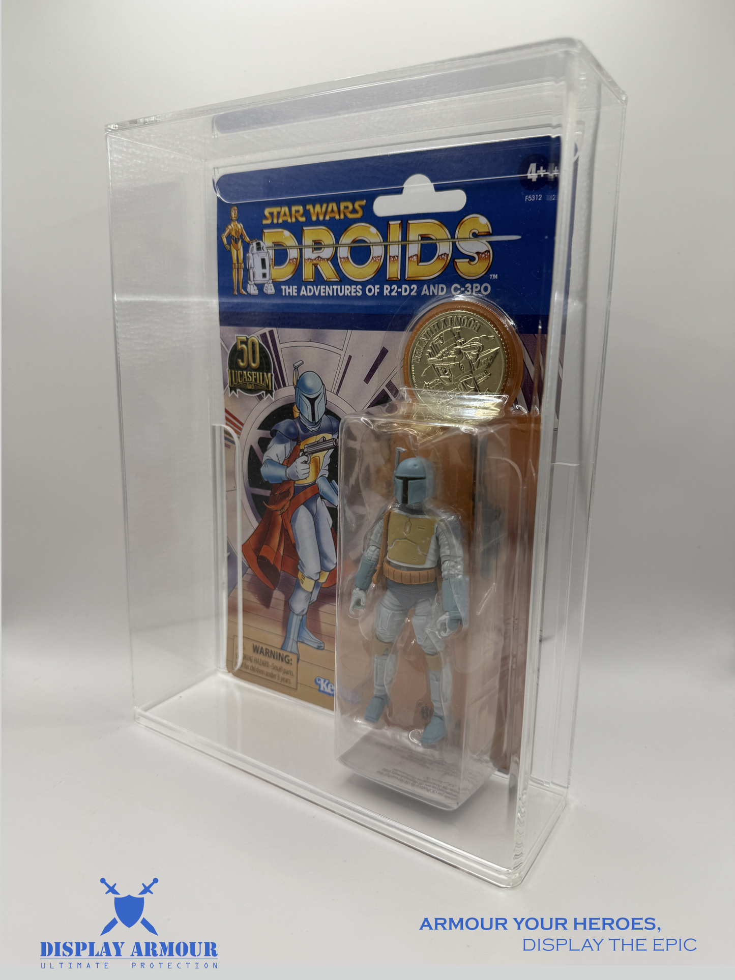 Side profile of the Display Armour acrylic case for Star Wars Droids action figures. Showcases the internal depth and crystal-clear construction for optimal display and preservation.