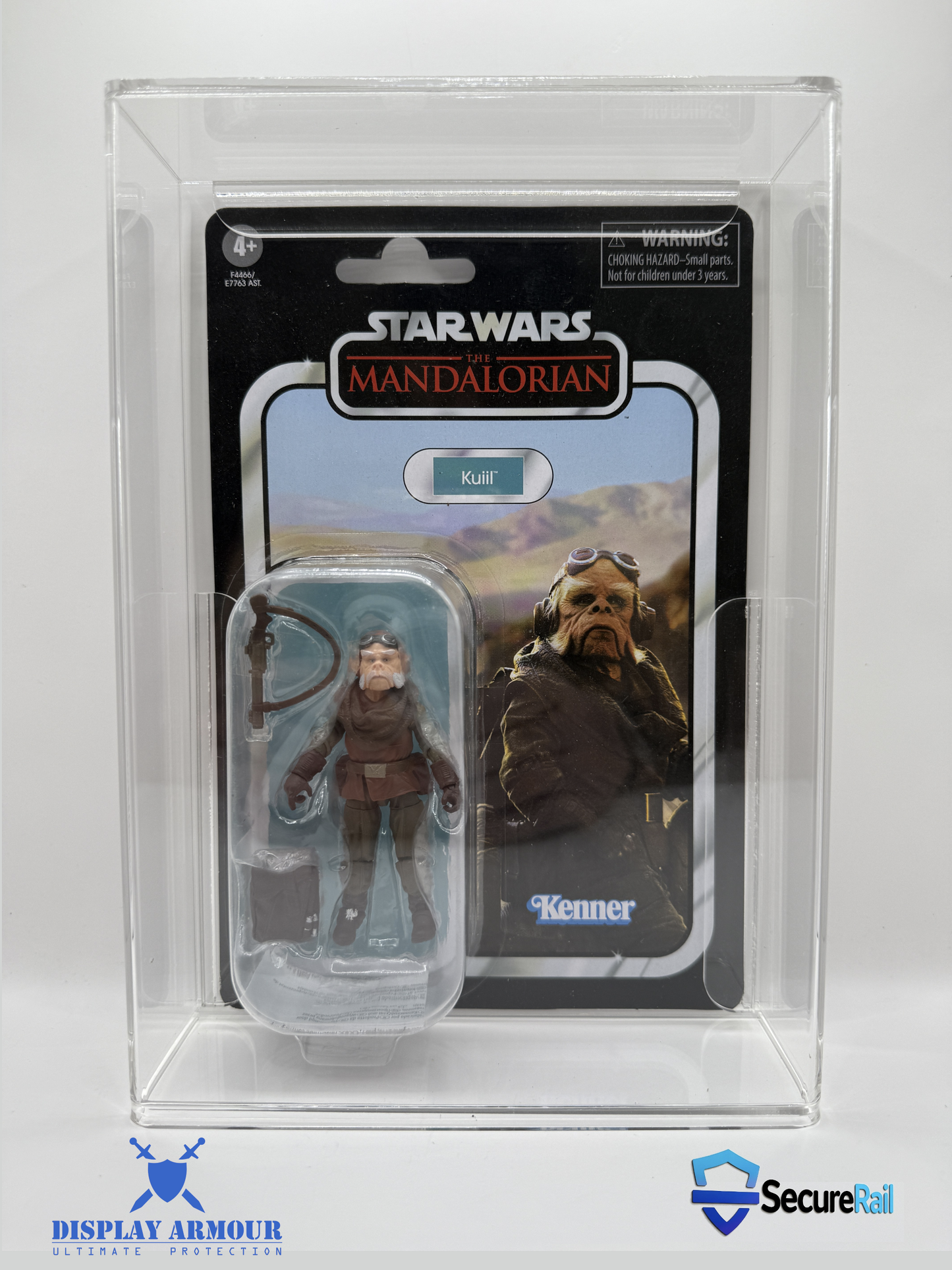 The Mandalorian action figure in Display Armour UV-protected acrylic display case with SecureRail™ support.