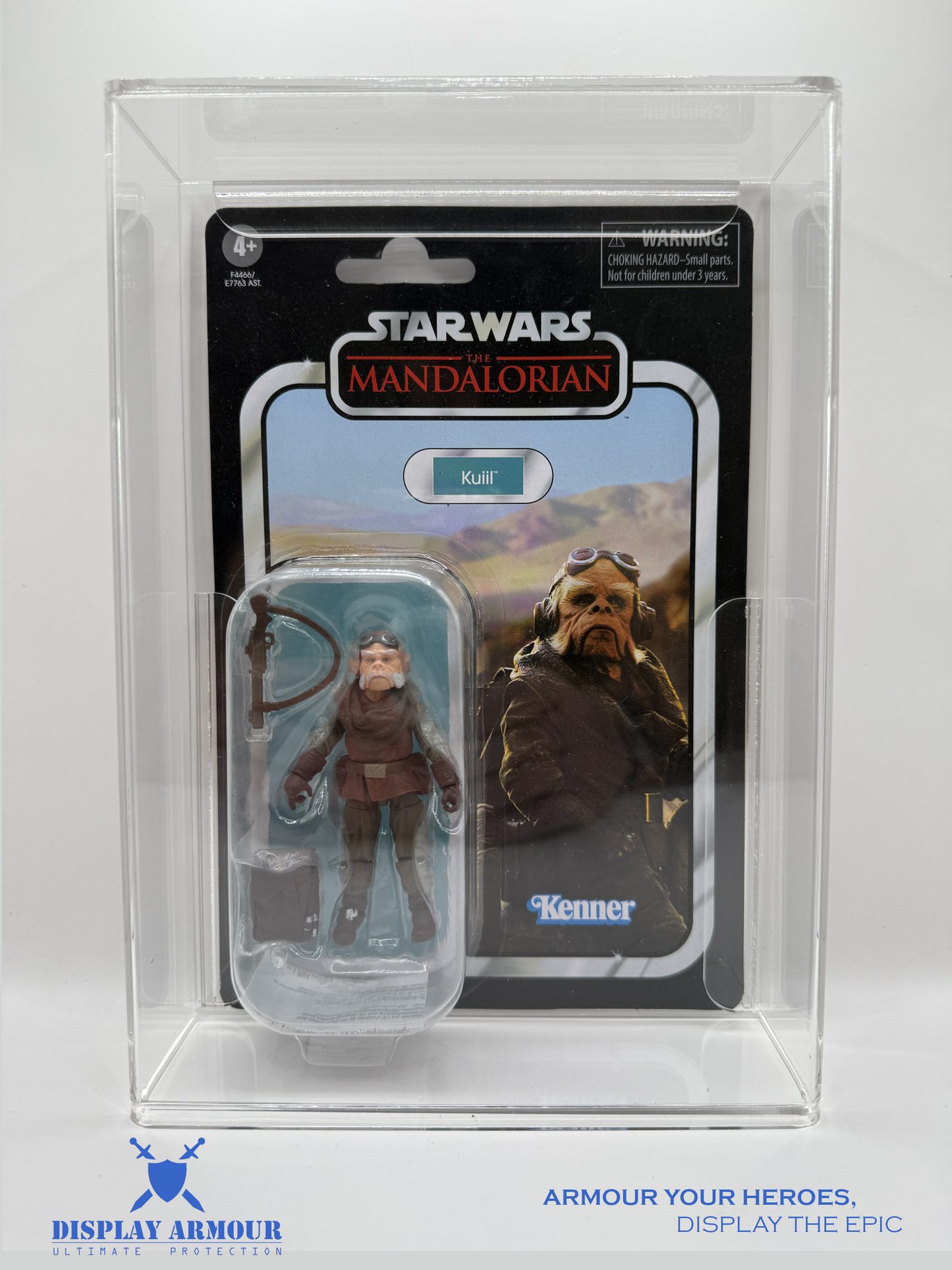 Front view of a Star Wars Mandalorian Retro Collection action figure securely housed in a Display Armour 4mm thick acrylic display case, providing UV protection and crystal-clear presentation.