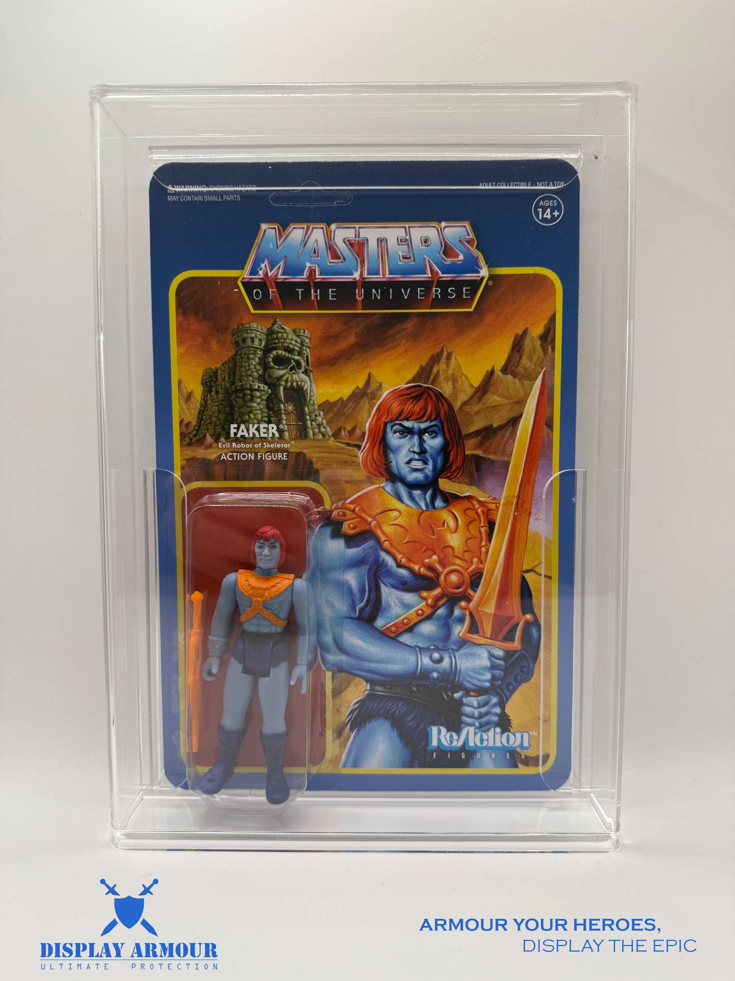 A front view of the Super7 MOTU action figure display case, providing ultimate clarity, protection, and easy access to showcase your collectible action figures
