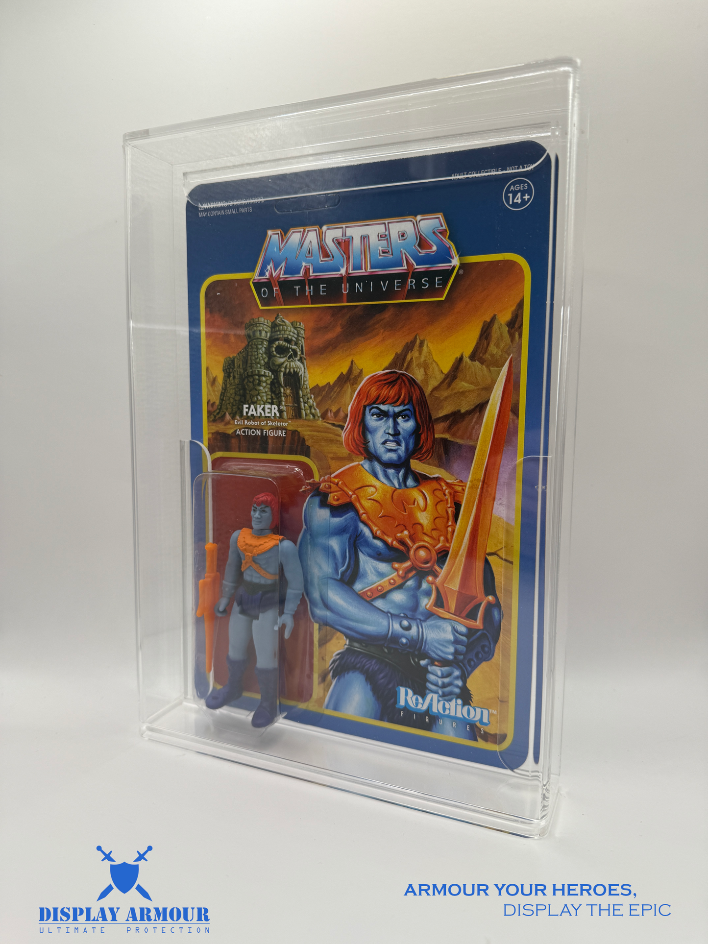 Side view of the Super7 MOTU action figure display case, designed with 4mm thickness and UV protection to preserve the integrity of your collection.