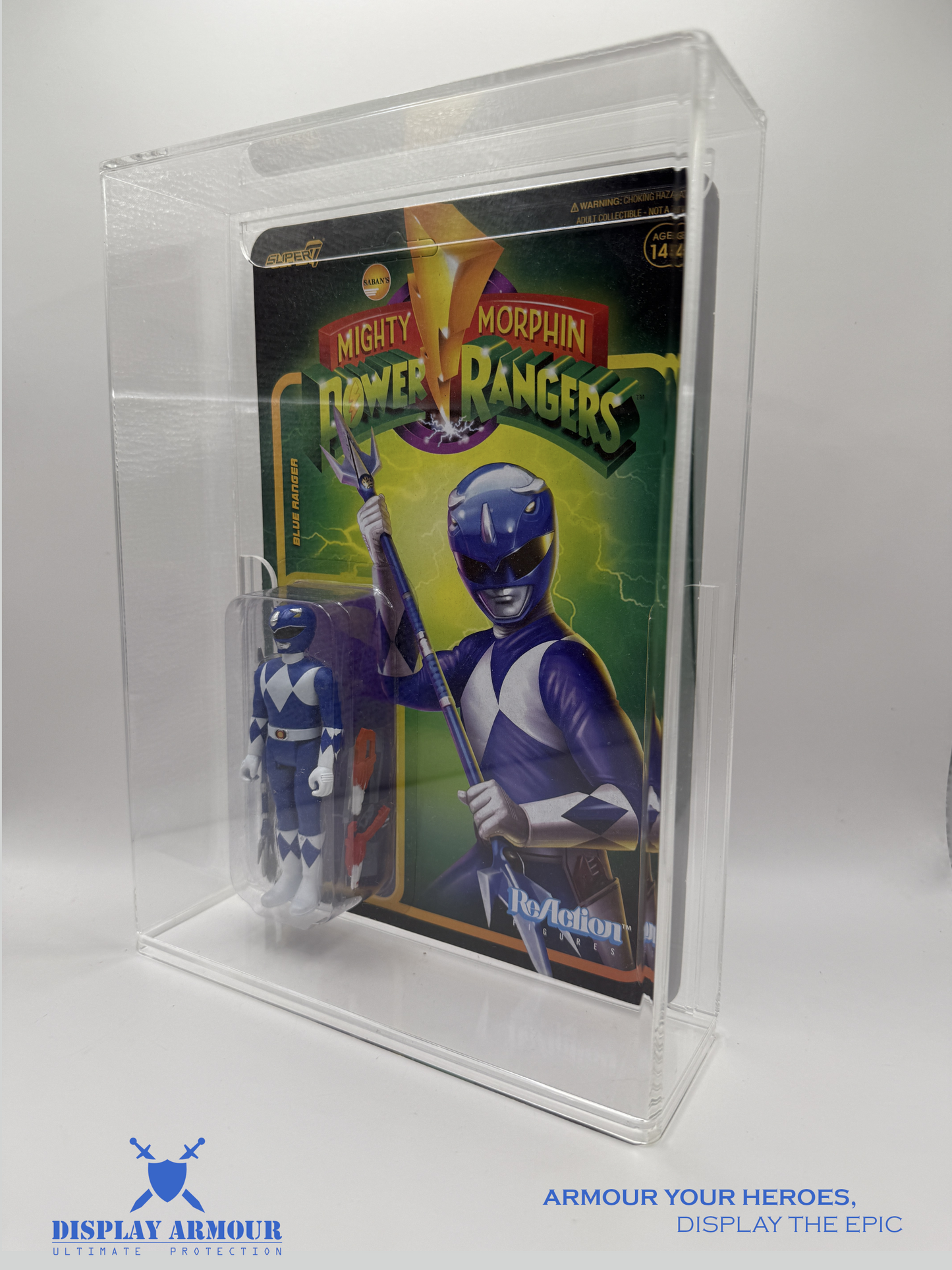 Side angle of Display Armour's custom-fit acrylic case for Super7 Power Rangers ReAction figures. Highlights internal depth, UV protection, and slide-bottom entry.