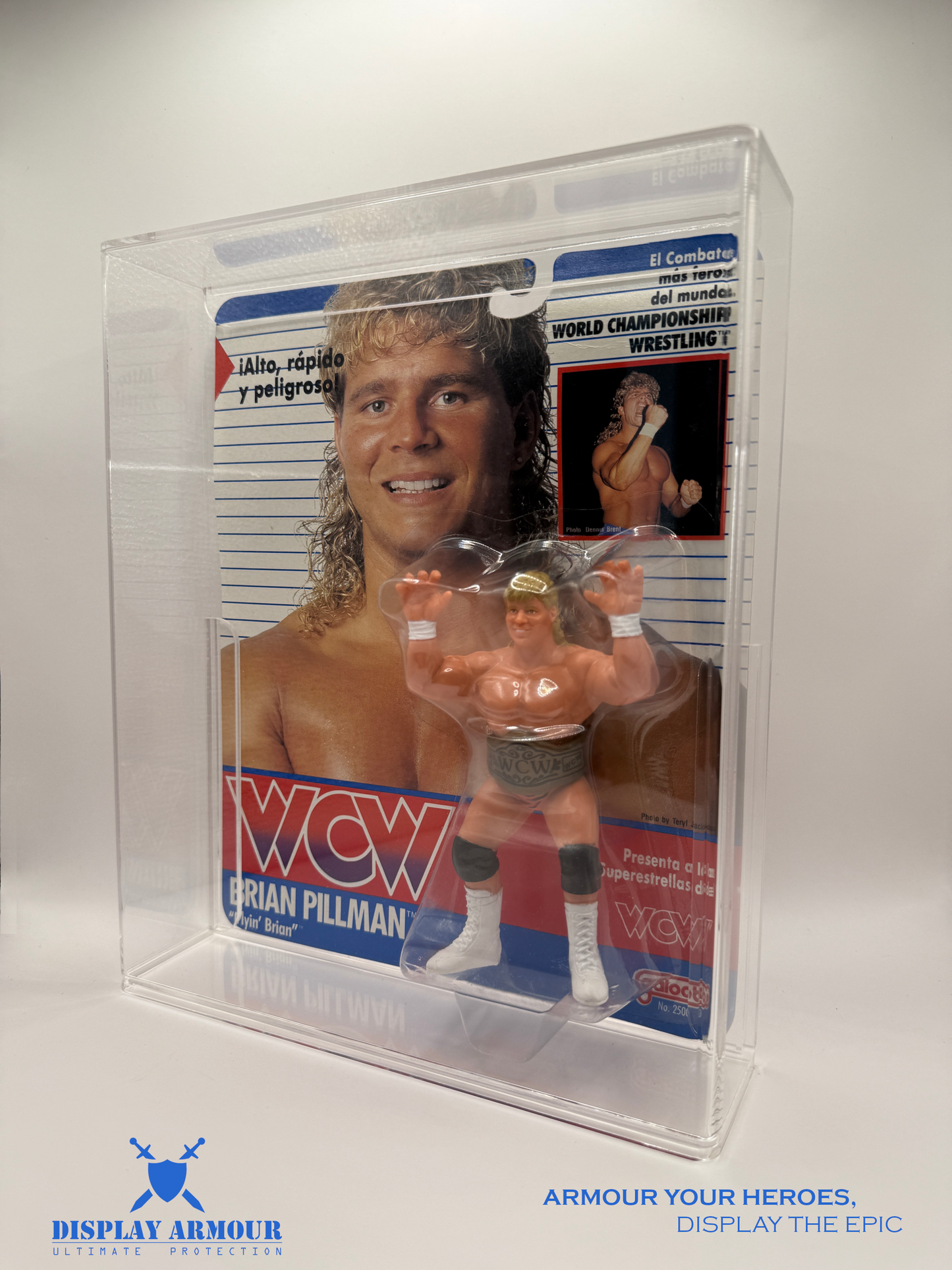 Side view of WCW Galoob display case by Display Armour, showing design and protective features.