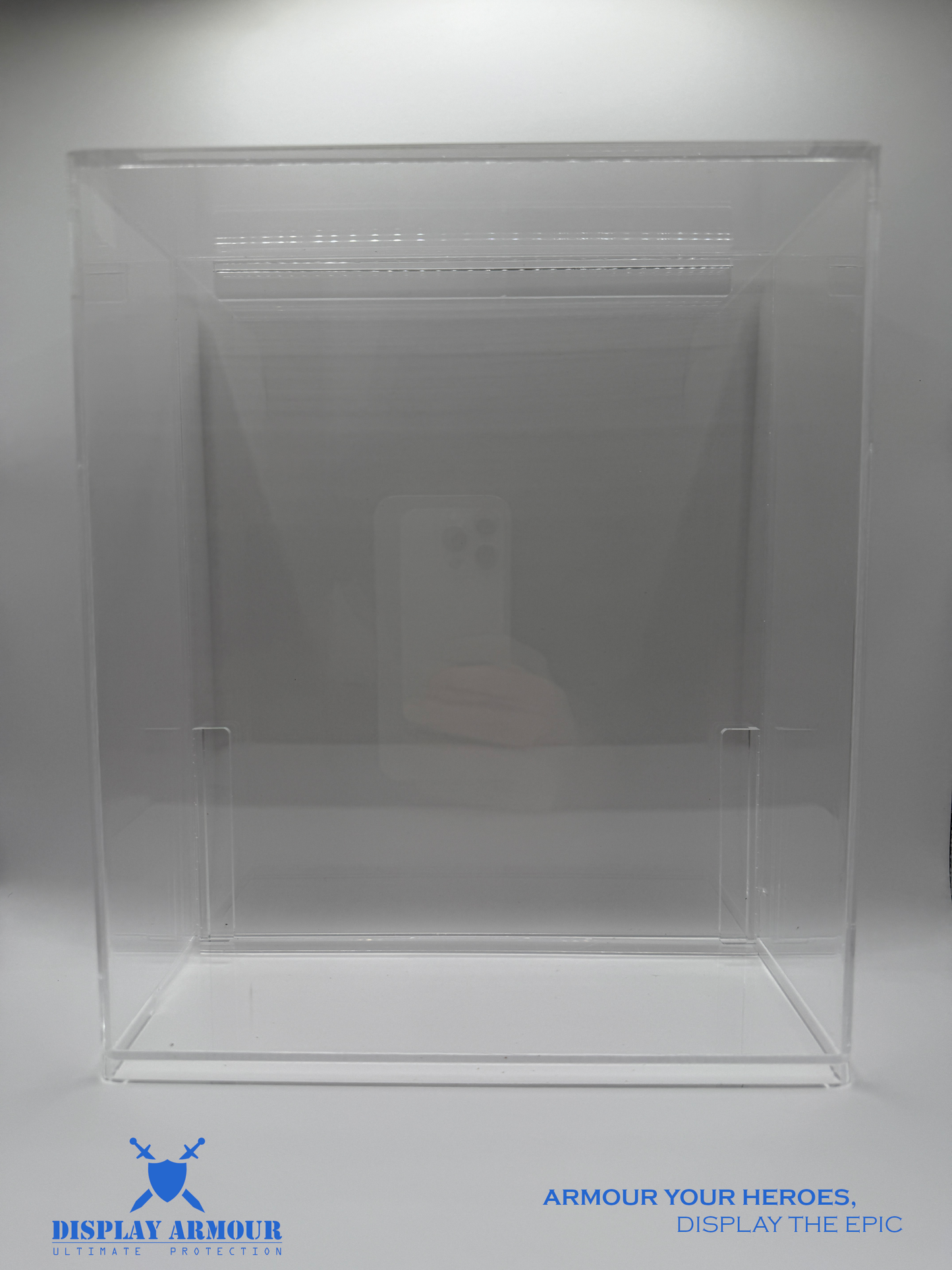 Front view of the WWF Hasbro deep bubble display case by Display Armour, featuring a custom fit designed to perfectly showcase WWF Hasbro figures in a crystal-clear, 4mm thick acrylic case
