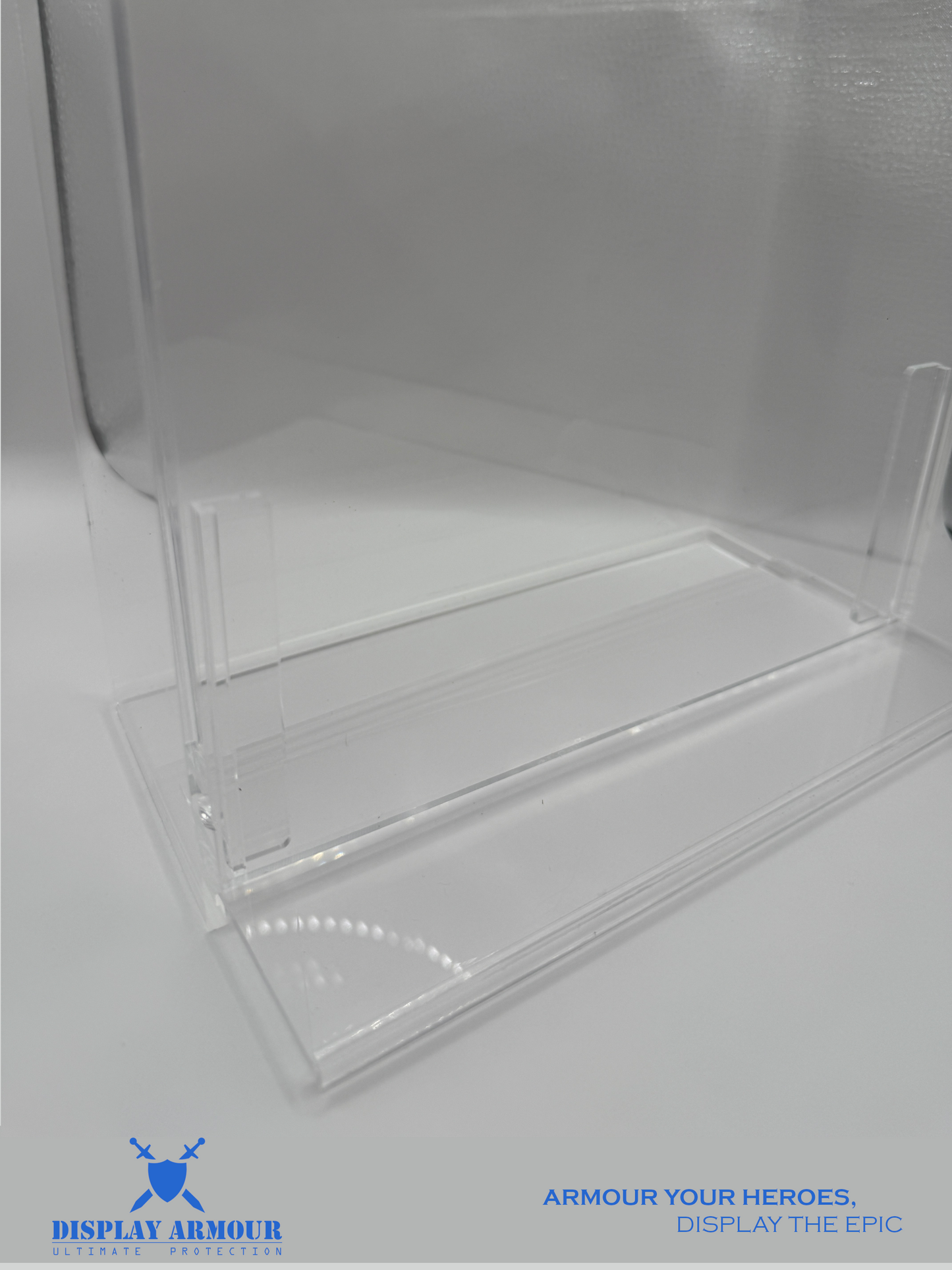 Close-up of the sliding door feature on the WWF Hasbro deep bubble display case by Display Armour, allowing easy access to your collection while securely protecting your figures in the clear acrylic case.