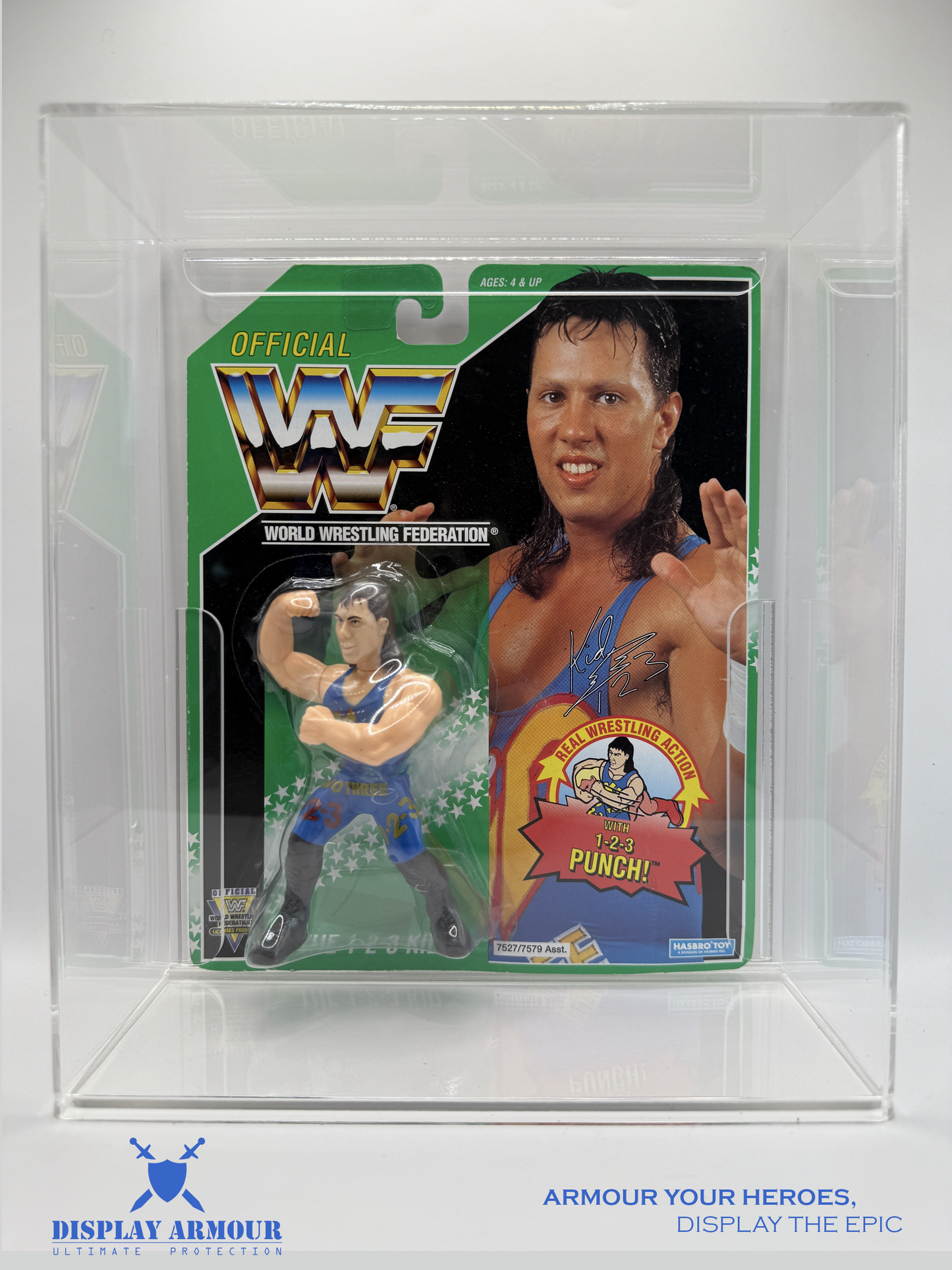 Front view of the Extra Deep acrylic display case by Display Armour, built for larger bubble WWF Hasbro MOC figures like Hulk Hogan, Yokozuna, and 123 Kid.