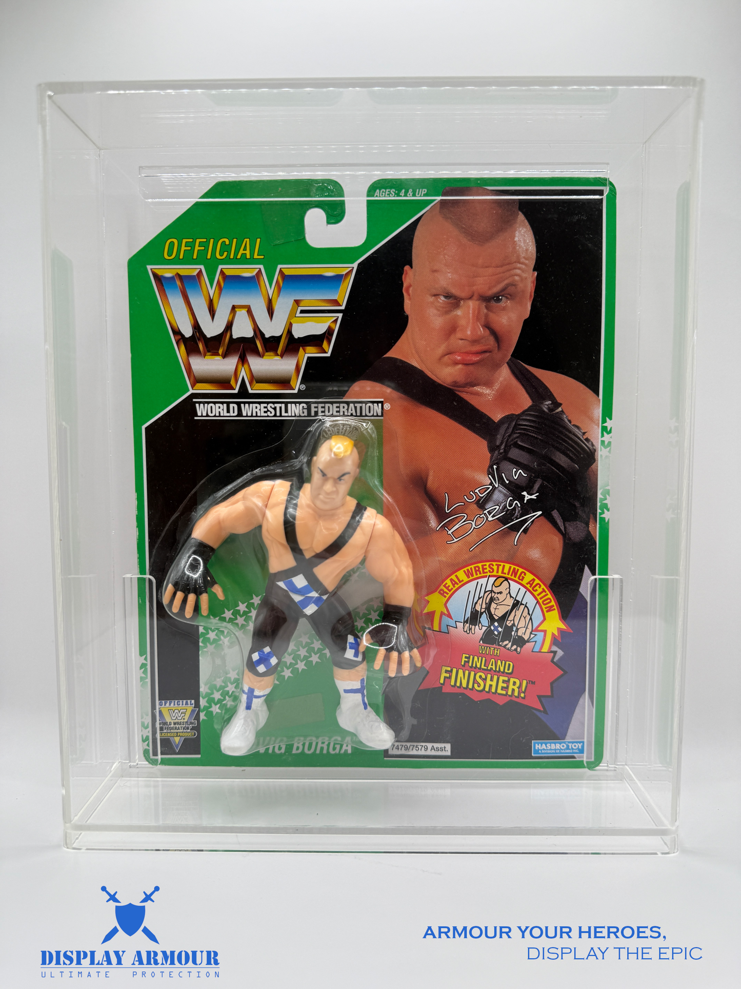 WWF Hasbro Ludvig Borga Series 11 Action Figure displayed in a front view inside a Display Armour case, highlighting its pristine condition and protection