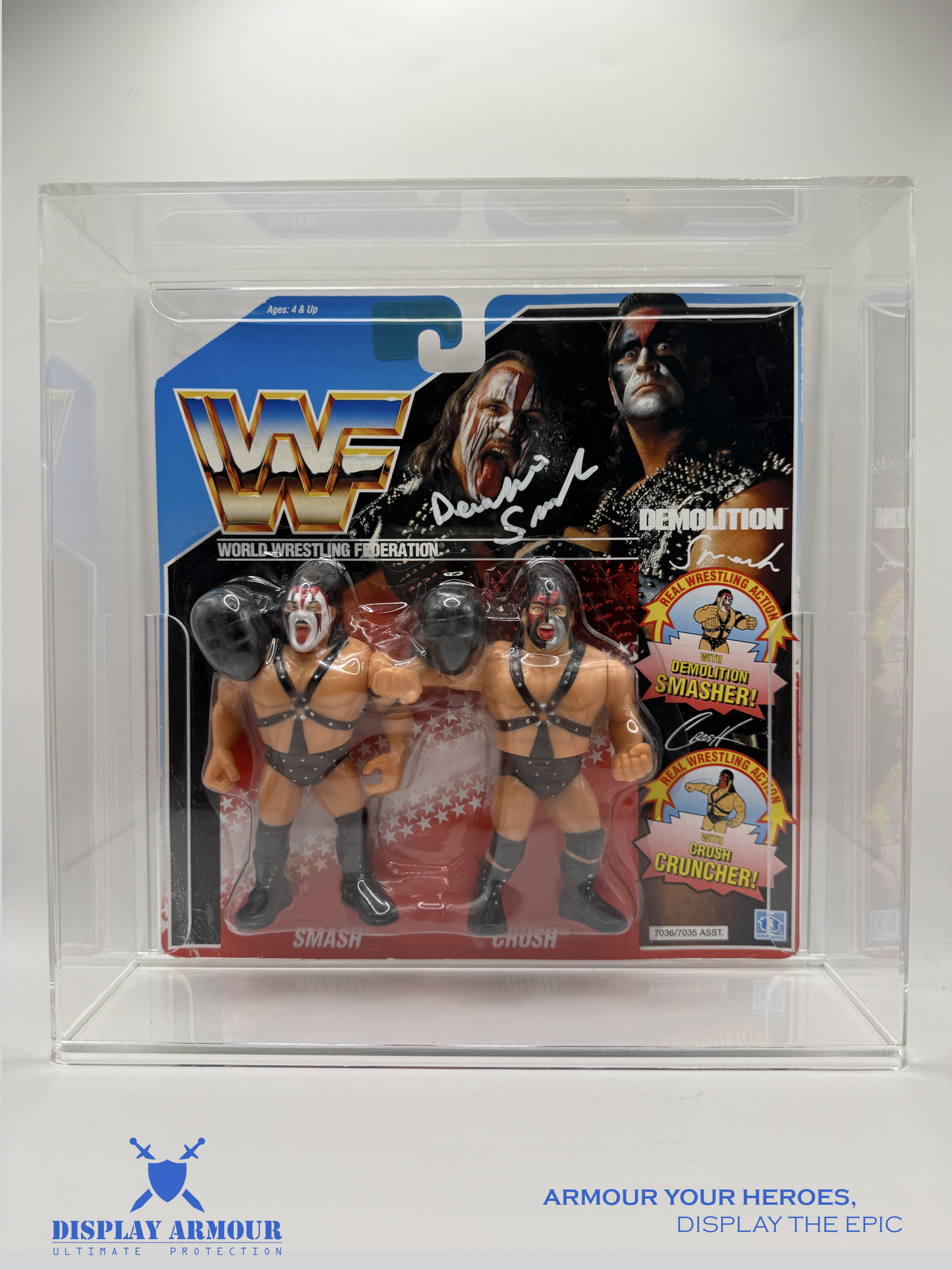 Front view of our premium acrylic display case designed for WWF Hasbro Tag Team figures. Features crystal-clear 4mm thick acrylic and slide-bottom access for secure display.