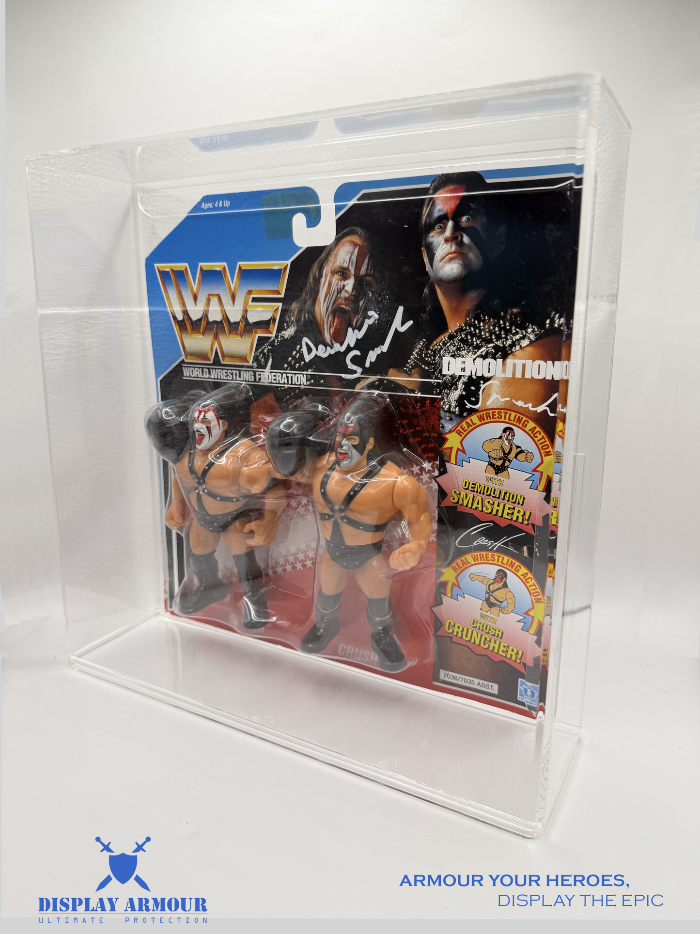 Side profile of Display Armour's acrylic display case for WWF Hasbro Tag Team MOC figures, showing depth and premium UV-protected acrylic construction.