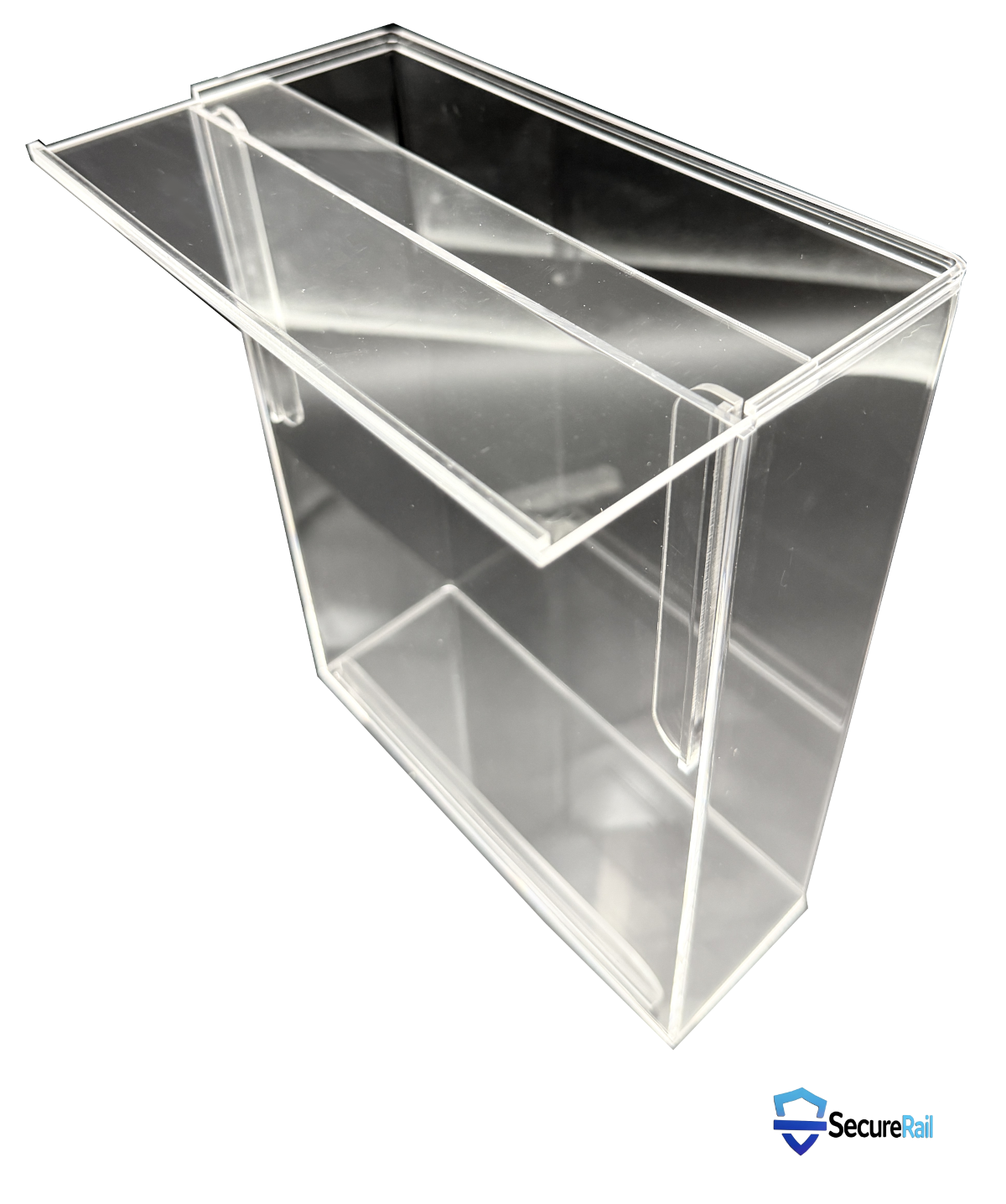 Clear acrylic display case with a white background