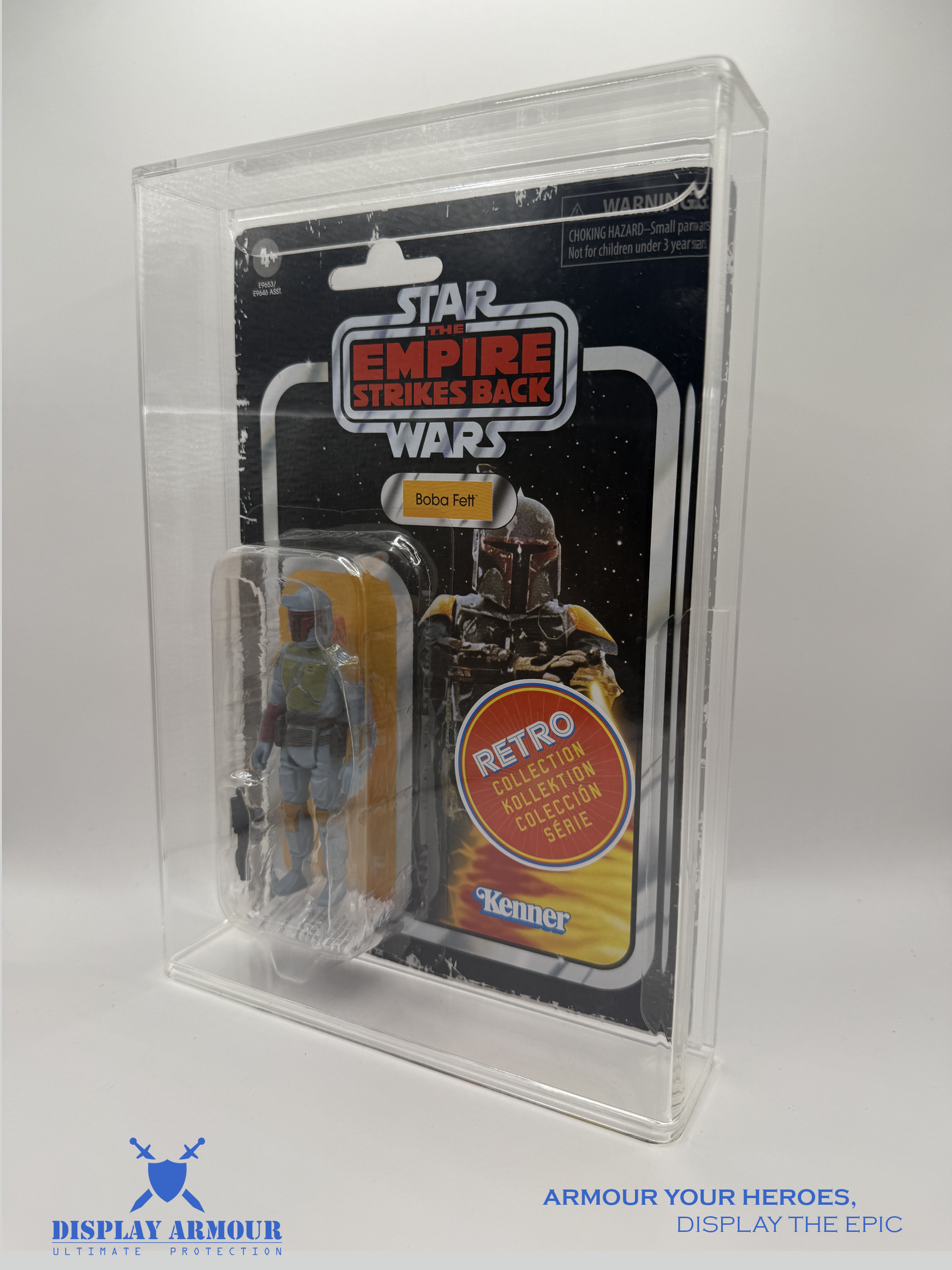 Side view of Star Wars Retro Collection Boba Fett action figure in a premium acrylic display case by Display Armour, offering UV protection and ultimate preservation.