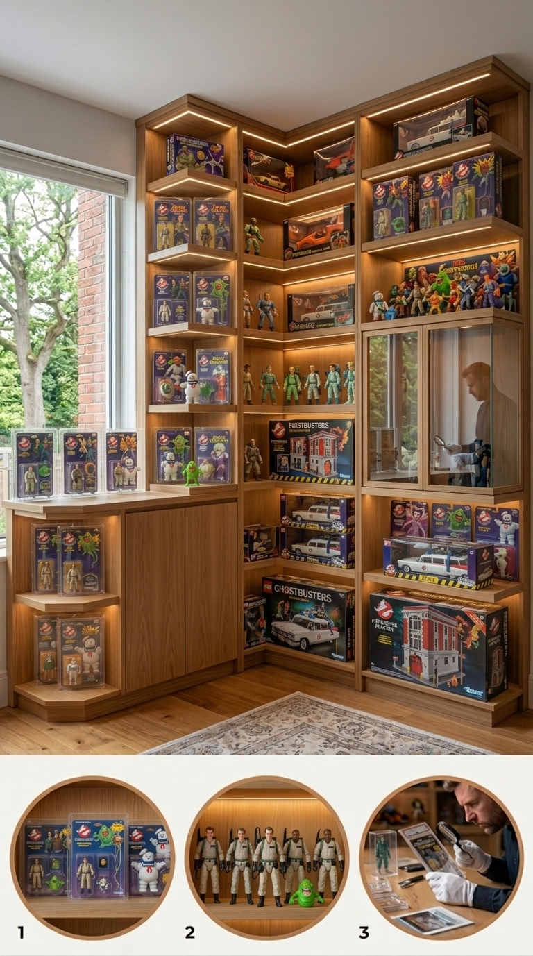Premium collector room displaying the most valuable vintage ThunderCats figures, including Lion-O, Mumm-Ra, Panthro, Tygra, Cheetara and rare LJN collectibles in crystal-clear acrylic display cases.