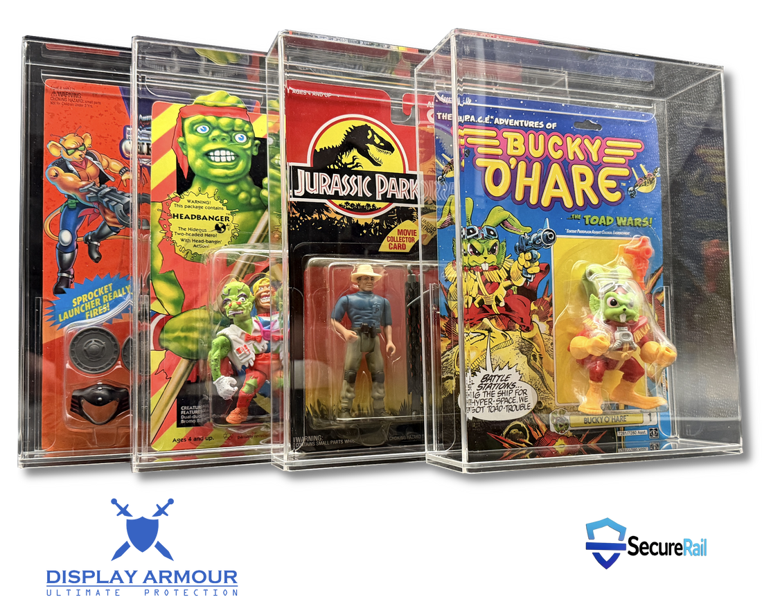 Rare vintage action figures displayed in Display Armour UV acrylic display cases