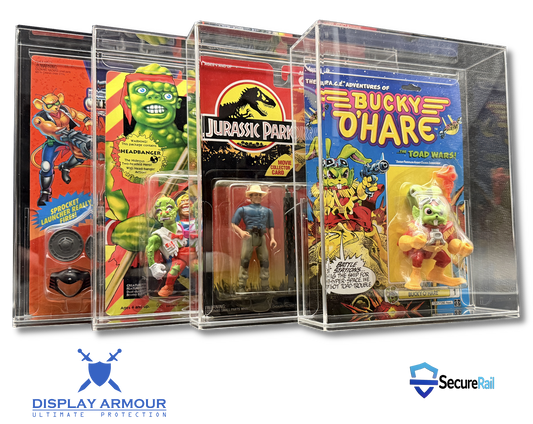 Rare vintage action figures displayed in Display Armour UV acrylic display cases