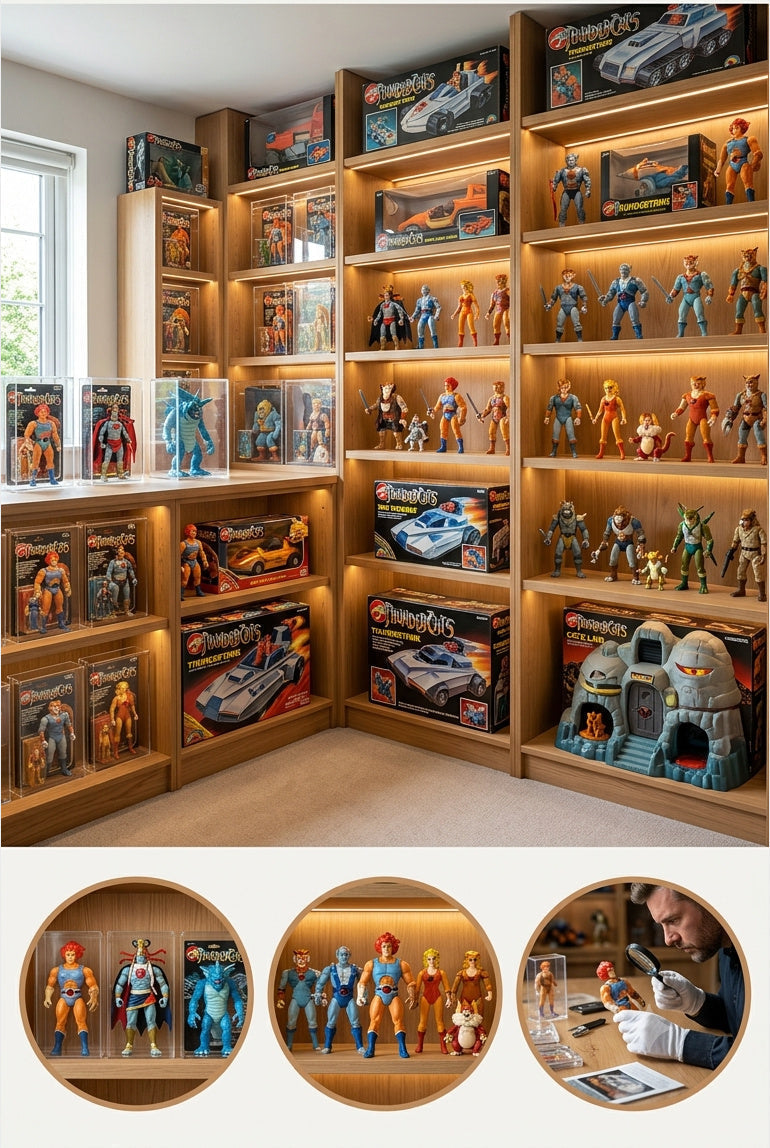 Top 20 most valuable vintage ThunderCats figures displayed in a premium collector room featuring Lion-O, Mumm-Ra, Panthro, Tygra, Cheetara, Snarf and rare LJN ThunderCats collectibles in acrylic display cases.
