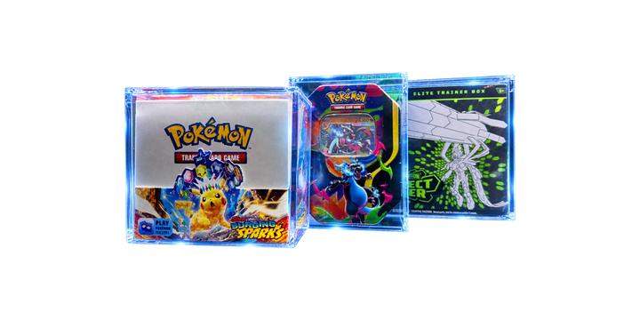 Modern Pokémon TCG sealed products displayed in acrylic cases