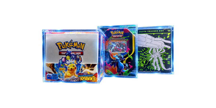 Modern Pokémon TCG sealed products displayed in acrylic cases