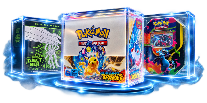 Modern Pokémon TCG sealed products displayed in acrylic cases