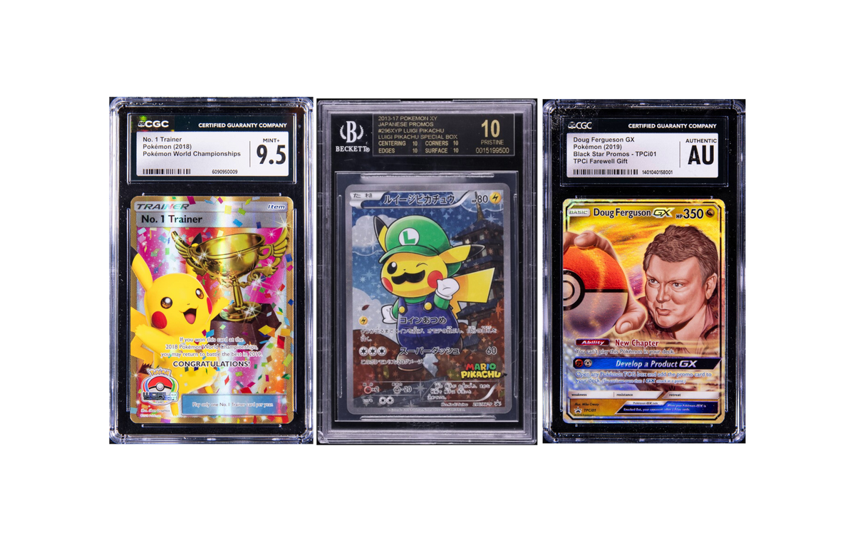Three rare graded Pokémon cards: 2018 No. 1 Trainer CGC 9.5, Luigi Pikachu BGS 10 Pristine and Doug Ferguson GX CGC Authentic, featured in Display Armour's Top 100 Most Valuable Pokémon Cards guide.