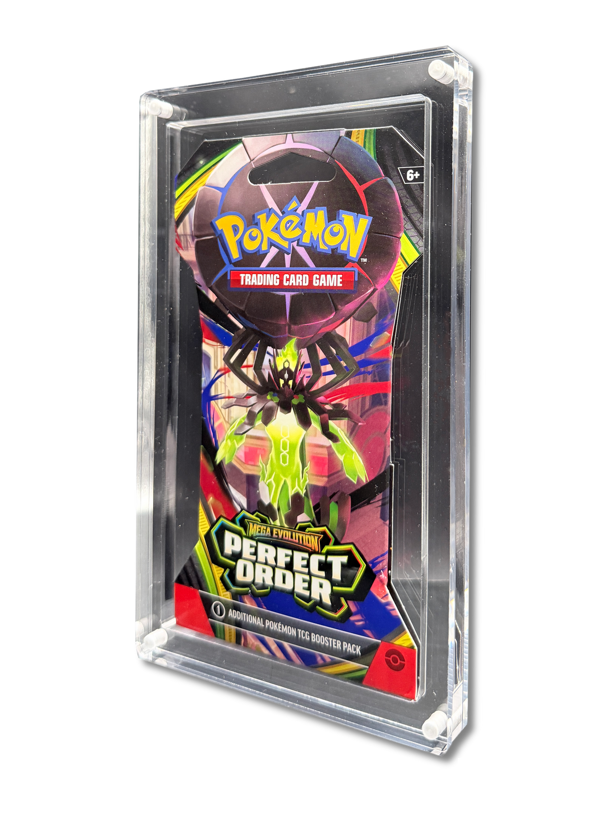 Pokémon Perfect Order booster pack in a clear acrylic Display Armour case