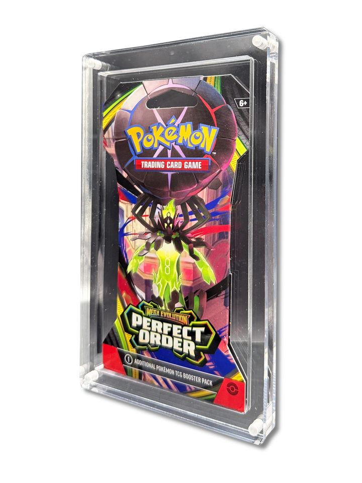 Pokémon Perfect Order booster pack in a clear acrylic Display Armour case