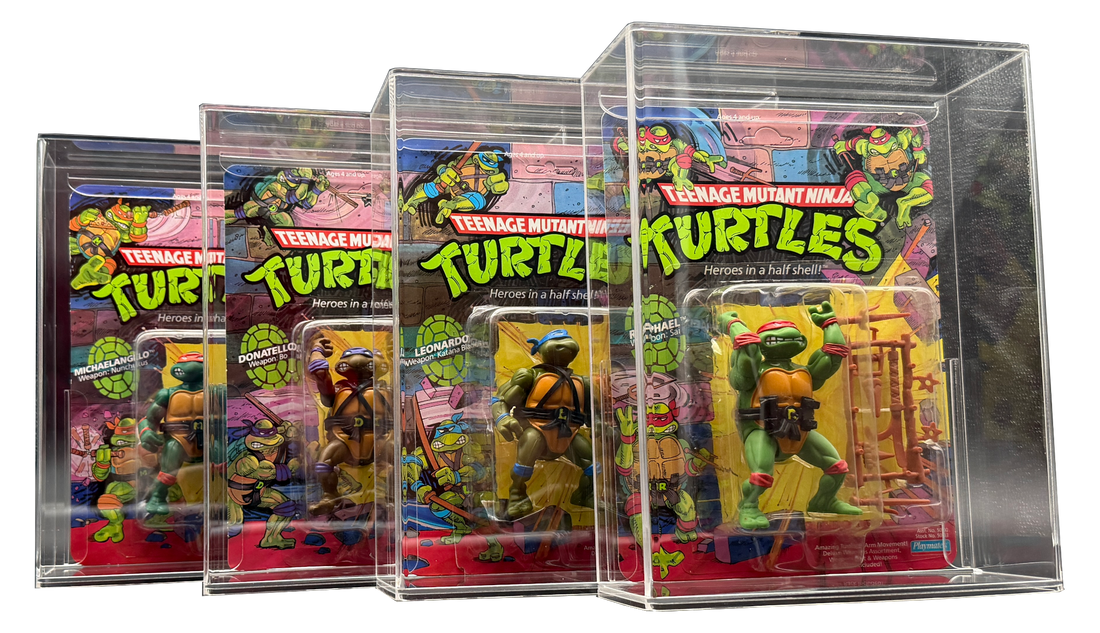 Vintage TMNT Playmates action figures in Display Armour acrylic display cases featured in the most valuable TMNT figures guide