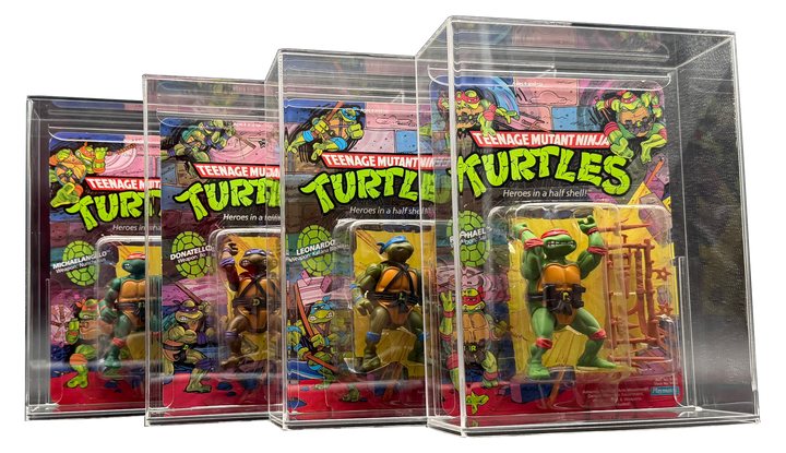 Vintage TMNT Playmates action figures in Display Armour acrylic display cases featured in the most valuable TMNT figures guide