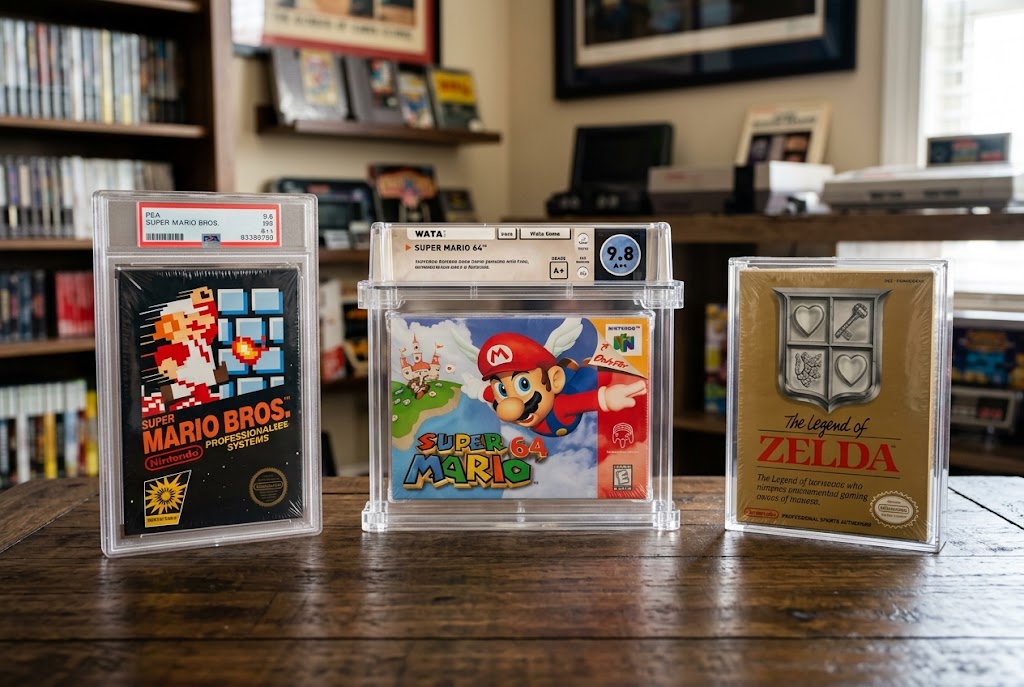 Graded Super Mario Bros., Super Mario 64 and The Legend of Zelda video games displayed together