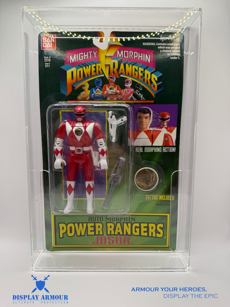 Power Rangers UV acrylic display cases by Display Armour — premium 4mm UV-protected cases custom-fit for mint-on-card Power Rangers figures, offering crystal-clear display quality and long-term collector protection.