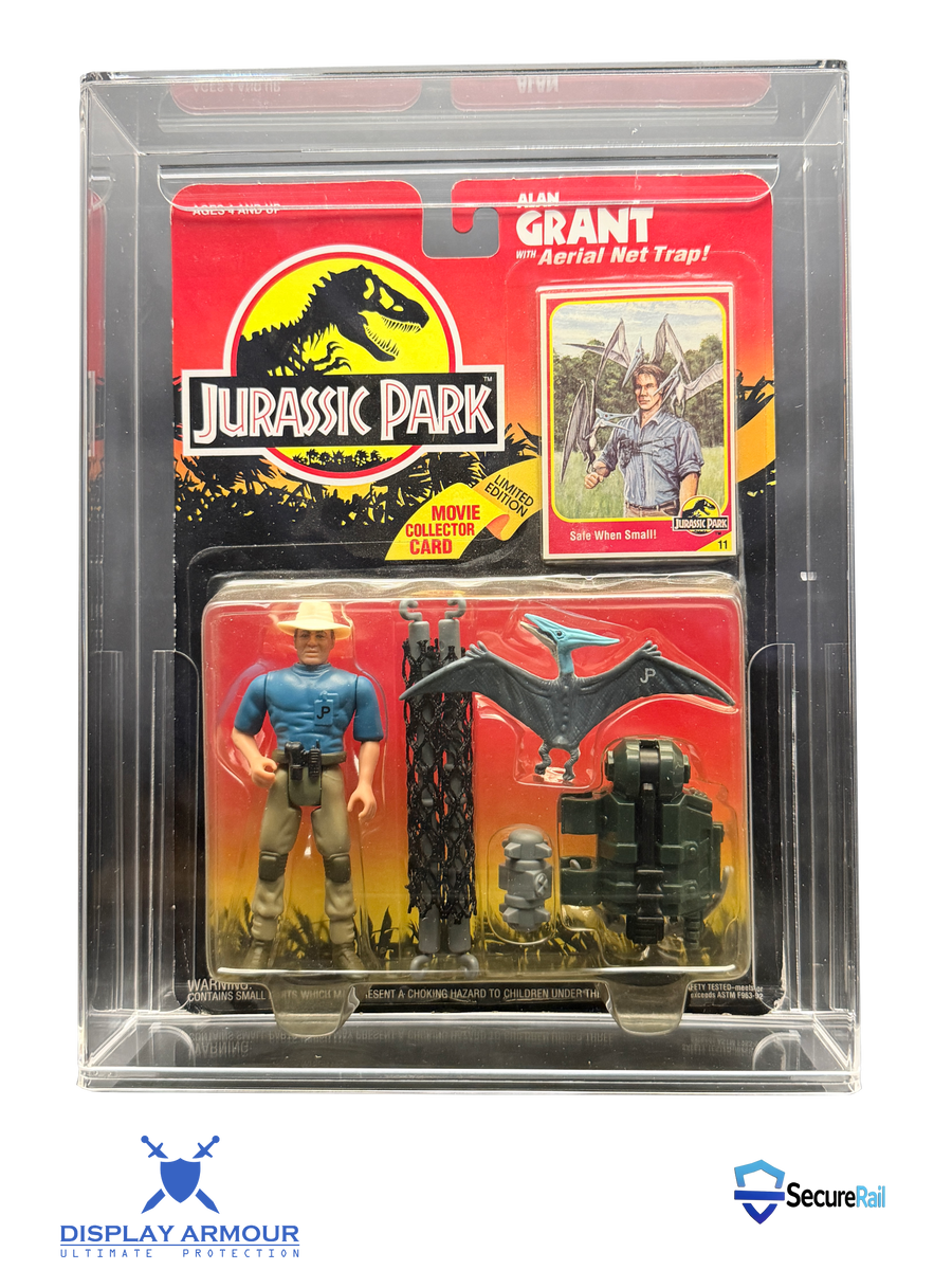 Jurassic Park Kenner acrylic display case by Display Armour with UV protection and SecureRail system for mint on card action figures