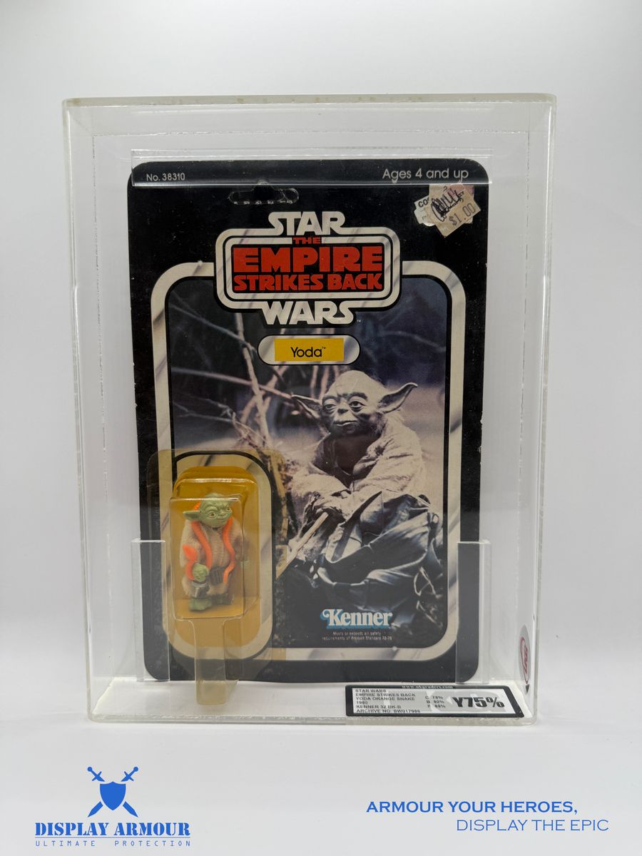 Vintage and graded action figures showcased with Display Armour acrylic display cases — premium 4mm UV-protected protection for collectible MOC figures across classic toy lines.