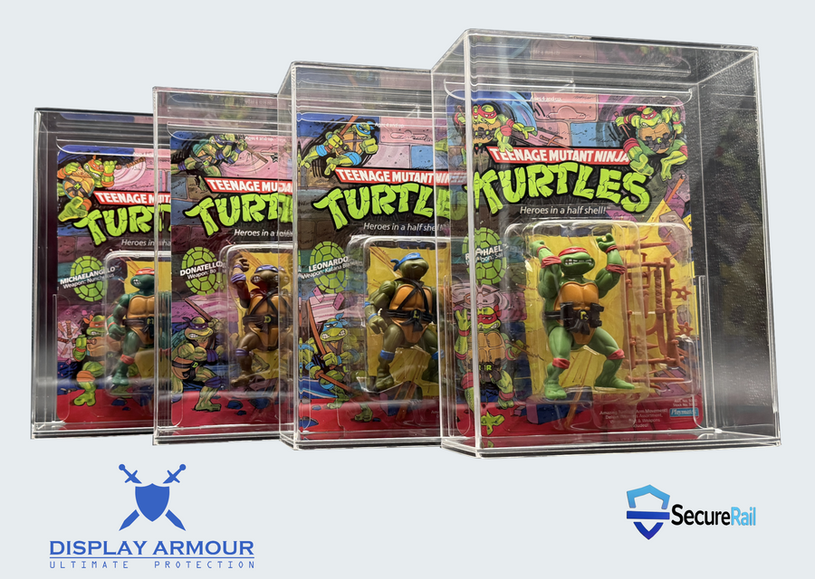 Teenage Mutant Ninja Turtles Playmates MOC acrylic display cases by Display Armour with SecureRail™ card protection