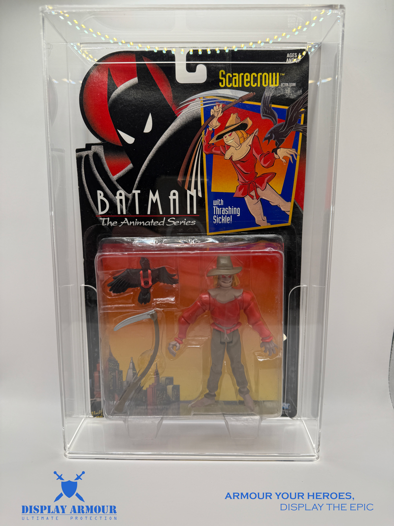 DC Total Justice acrylic display cases by Display Armour — precision-fit 4mm UV-protected acrylic cases designed for mint-on-card DC Total Justice action figures, providing premium clarity and long-term collector protection.