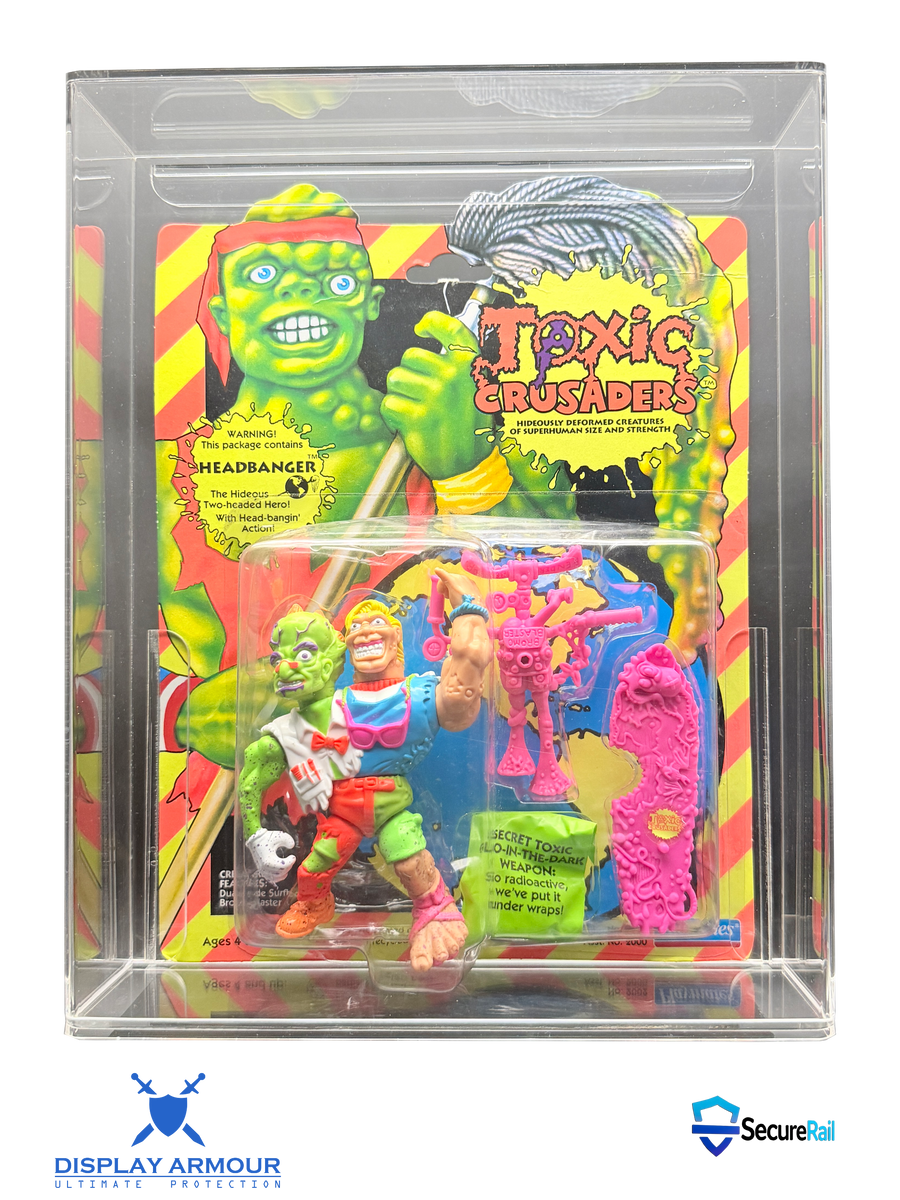 Toxic Crusaders acrylic display case for MOC action figures by Display Armour with UV protection and SecureRail support