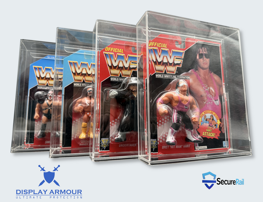 WWF Hasbro 1990–1994 acrylic display cases by Display Armour featuring Hulk Hogan, Ultimate Warrior and other mint on card figures in UV-protected 4mm cases